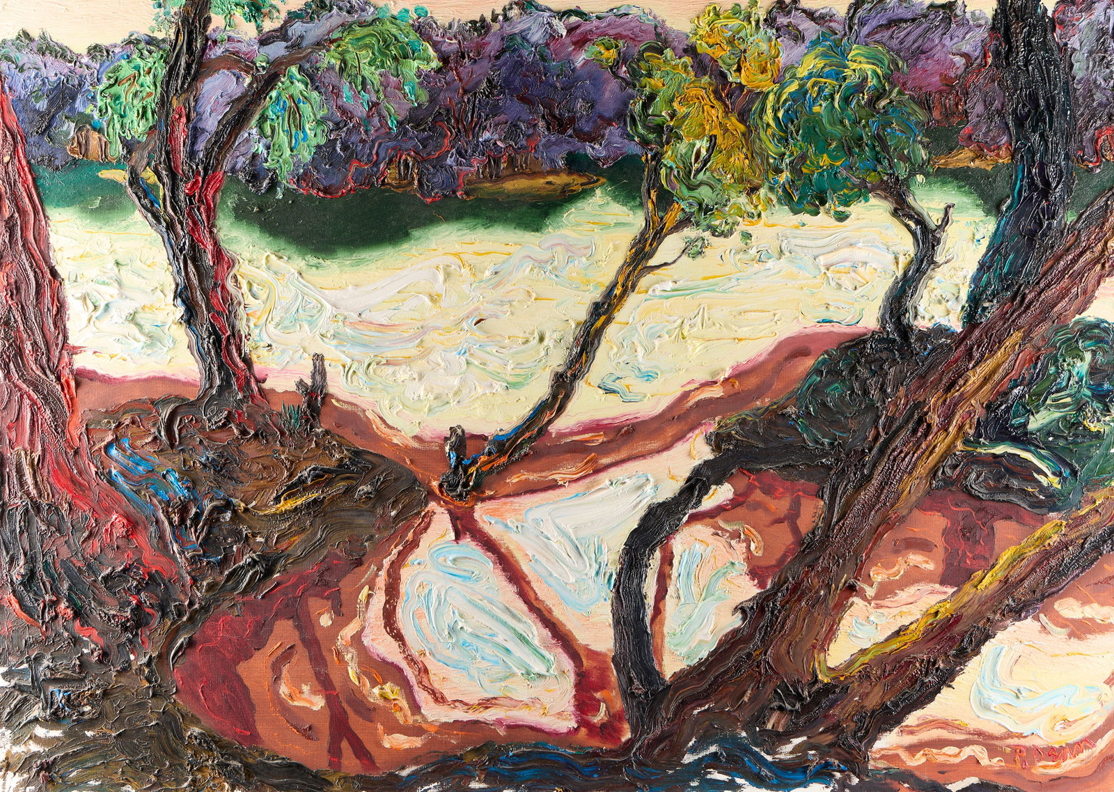 Peter Dean "Upper Mississippi" Oil on Canvas: Peter Dean (German/American, 1934-1993). Large oil on canvas landscape painting titled "Upper Mississippi," late 20th century. Depicting a river scene rendered through thick impasto brushstrokes. Feat