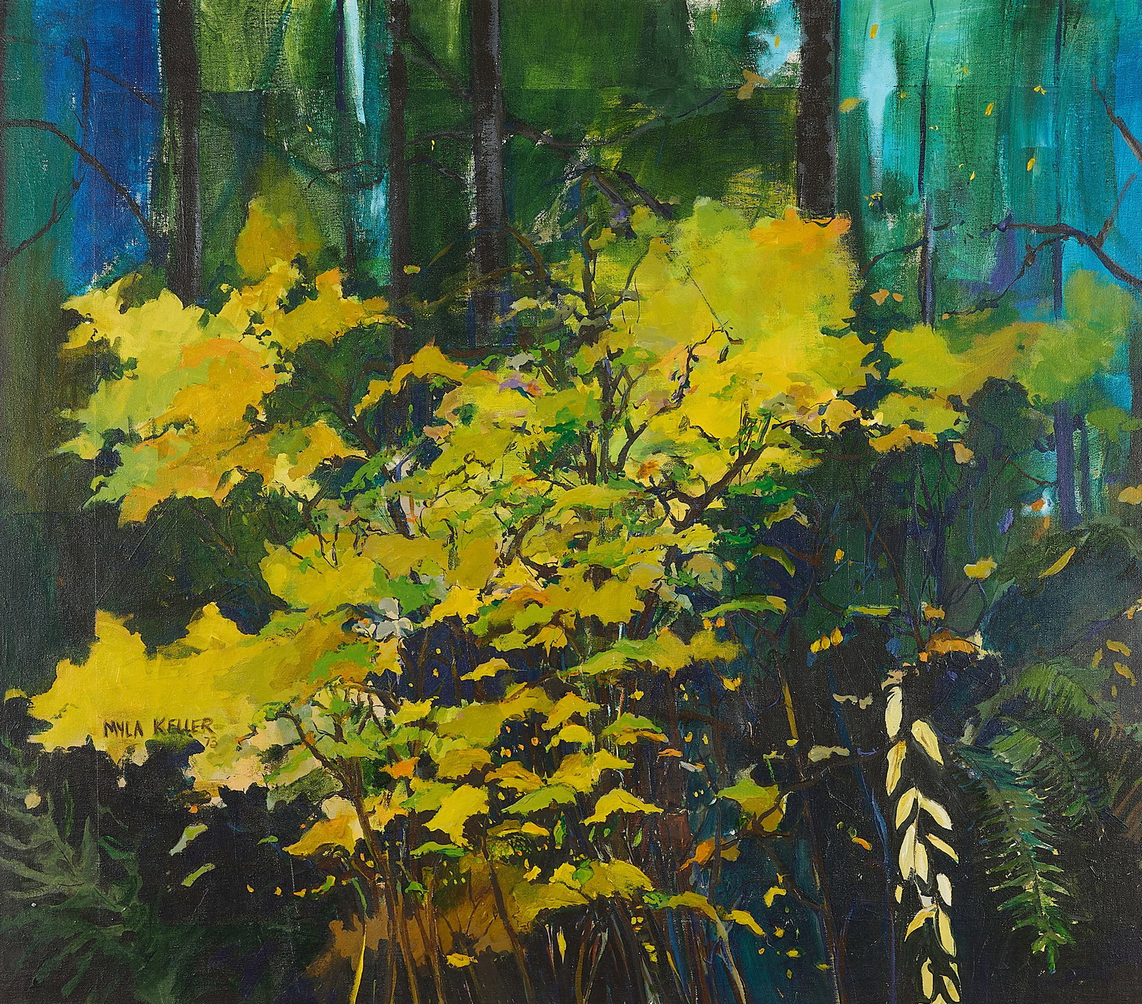 Myla Keller "Silver Creek Trail #2" Painting: Myla Keller (American, d. 2020). Oil on canvas landscape painting titled "Silver Creek Trail #2," late 20th or early 21st century. Depicting sun-drenched foliage cutting through dark, shaded woods. Fe