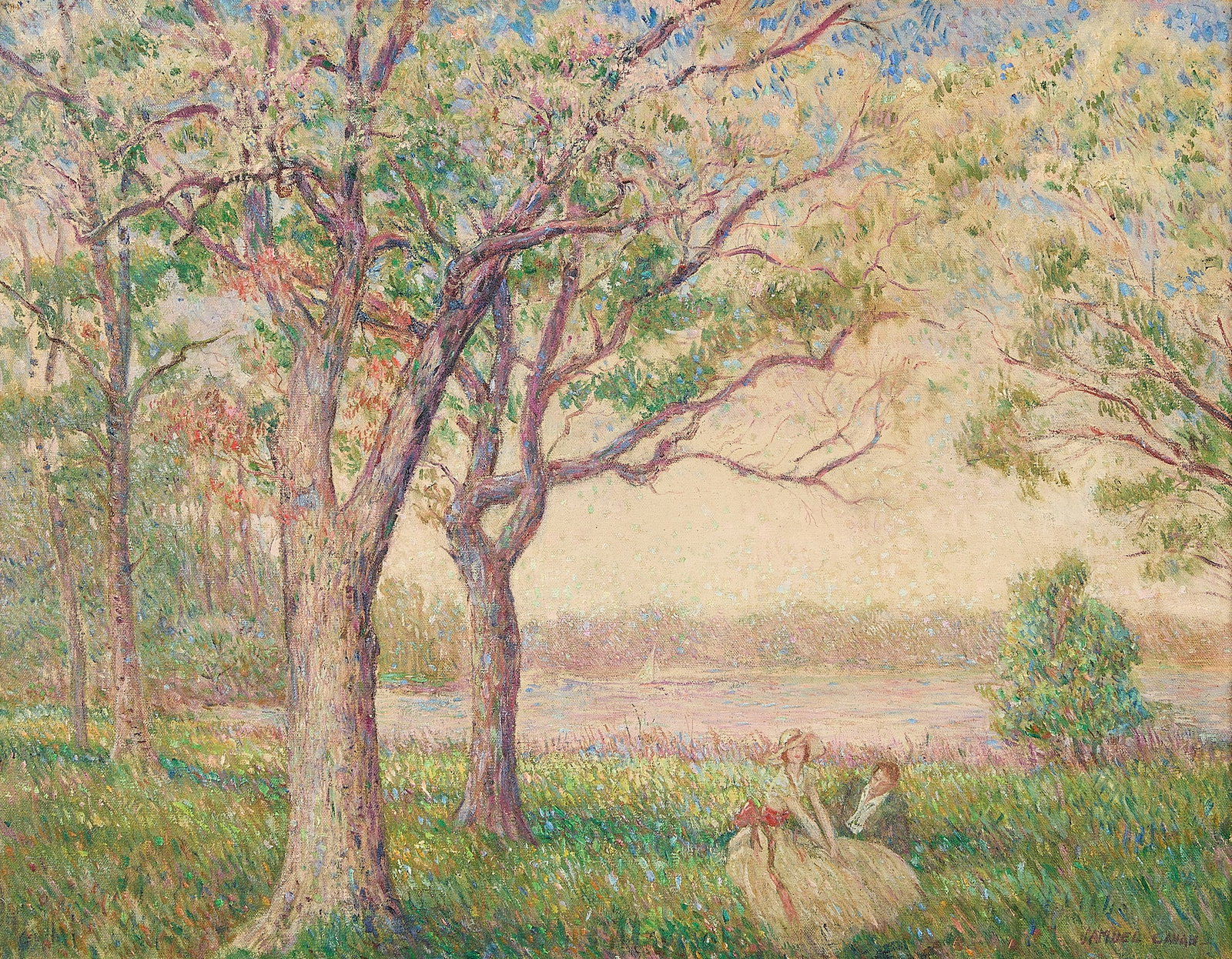 Samuel Cahan Impressionist Landscape Oil Painting: Samuel Cahan (Russian/American, 1886-1974). American School oil on canvas painting depicting two figures seated along the grassy shore in an impressionist landscape scene. Signed along the lower right