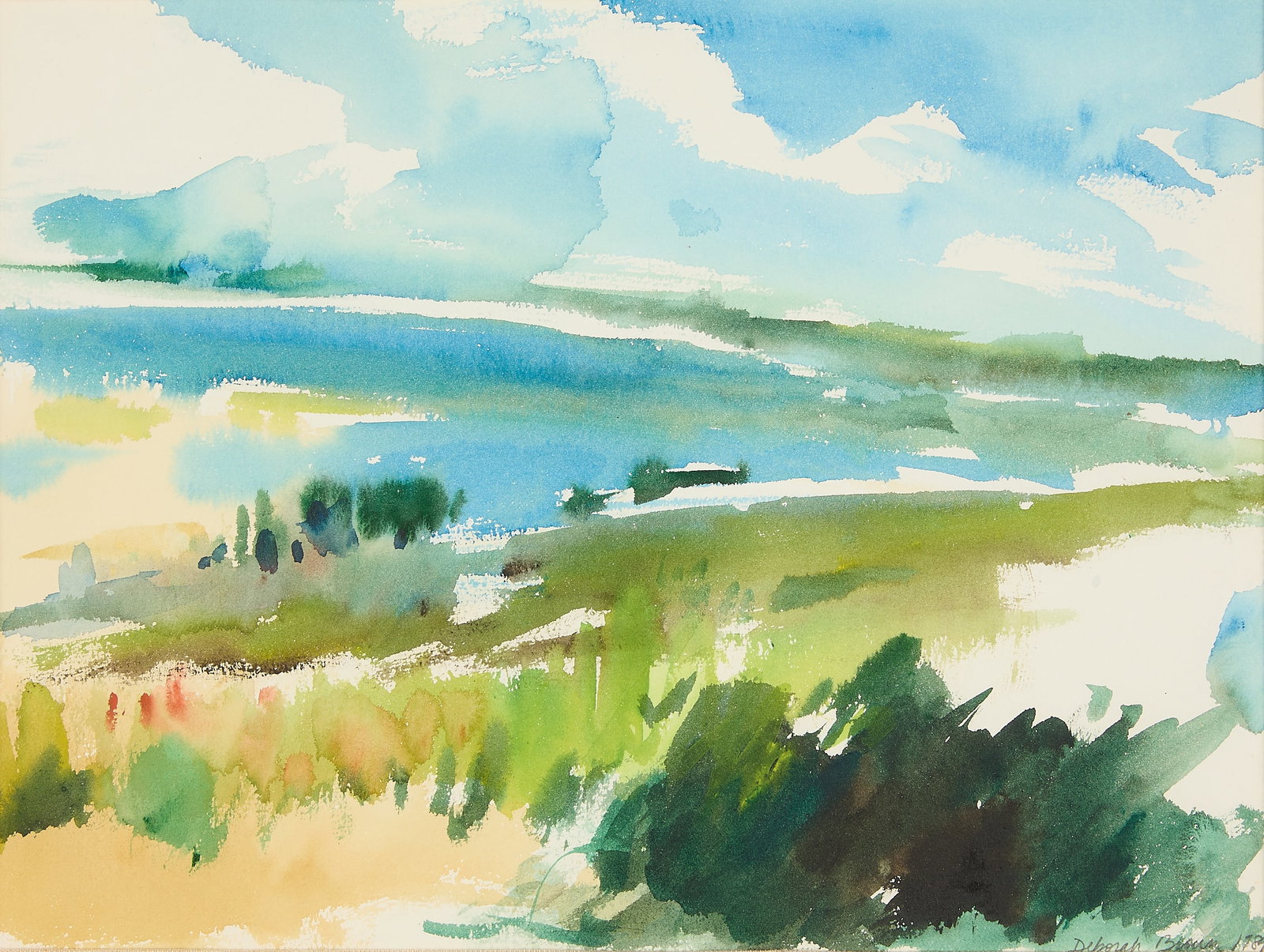 Deborah Brown "Martha's Vineyard" Painting: Deborah Brown (American, b. 1955). Impressionist watercolor painting on paper titled "Martha's Vineyard," 1984. Depicting a serene landscape vista featuring a body of water nestled among rolling green