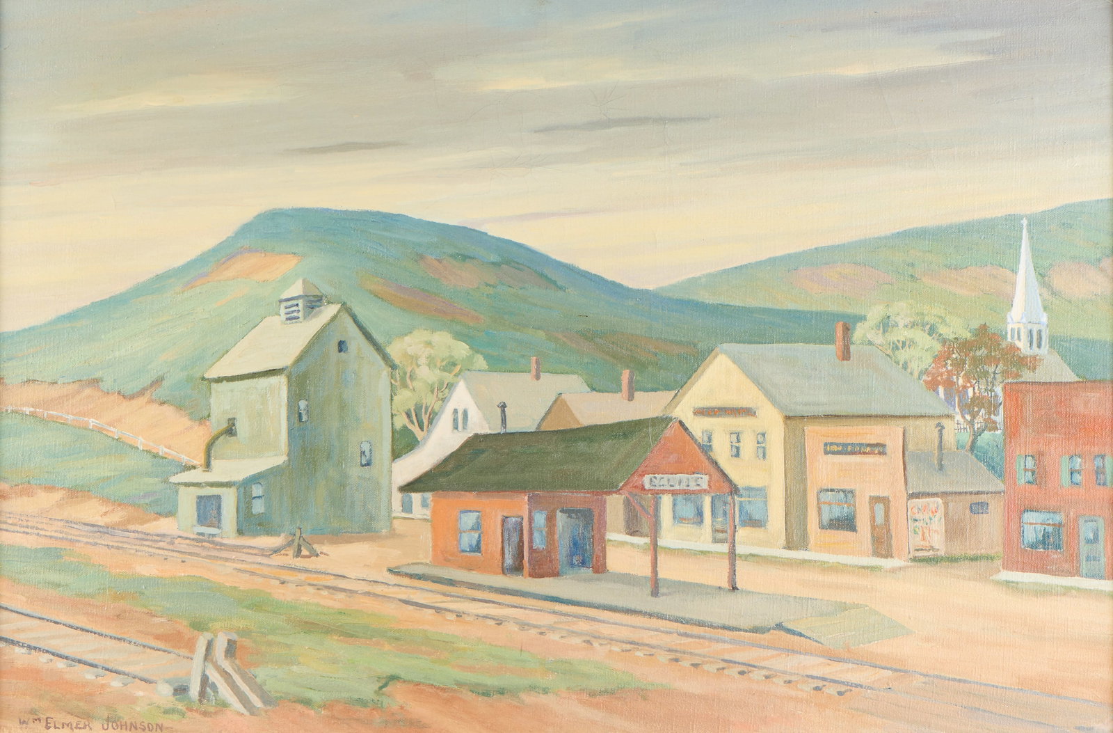 William Elmer Johnson Townscape Painting: William Elmer Johnson (American, 1925-2003). Oil on canvas American Regionalist townscape painting, mid-20th century. Depicting a town's main street lined with historic storefronts, homes, and a promi