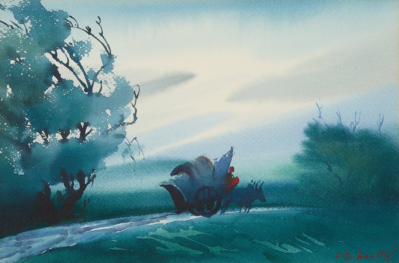 Gideon Arul Raj Watercolor Painting: Gideon Arul Raj (Indian, 1925-1975). Watercolor on paper painting depicting a rural landscape with an ox-drawn cart and a figure in red navigating a path flanked by trees. Signed along the lower right