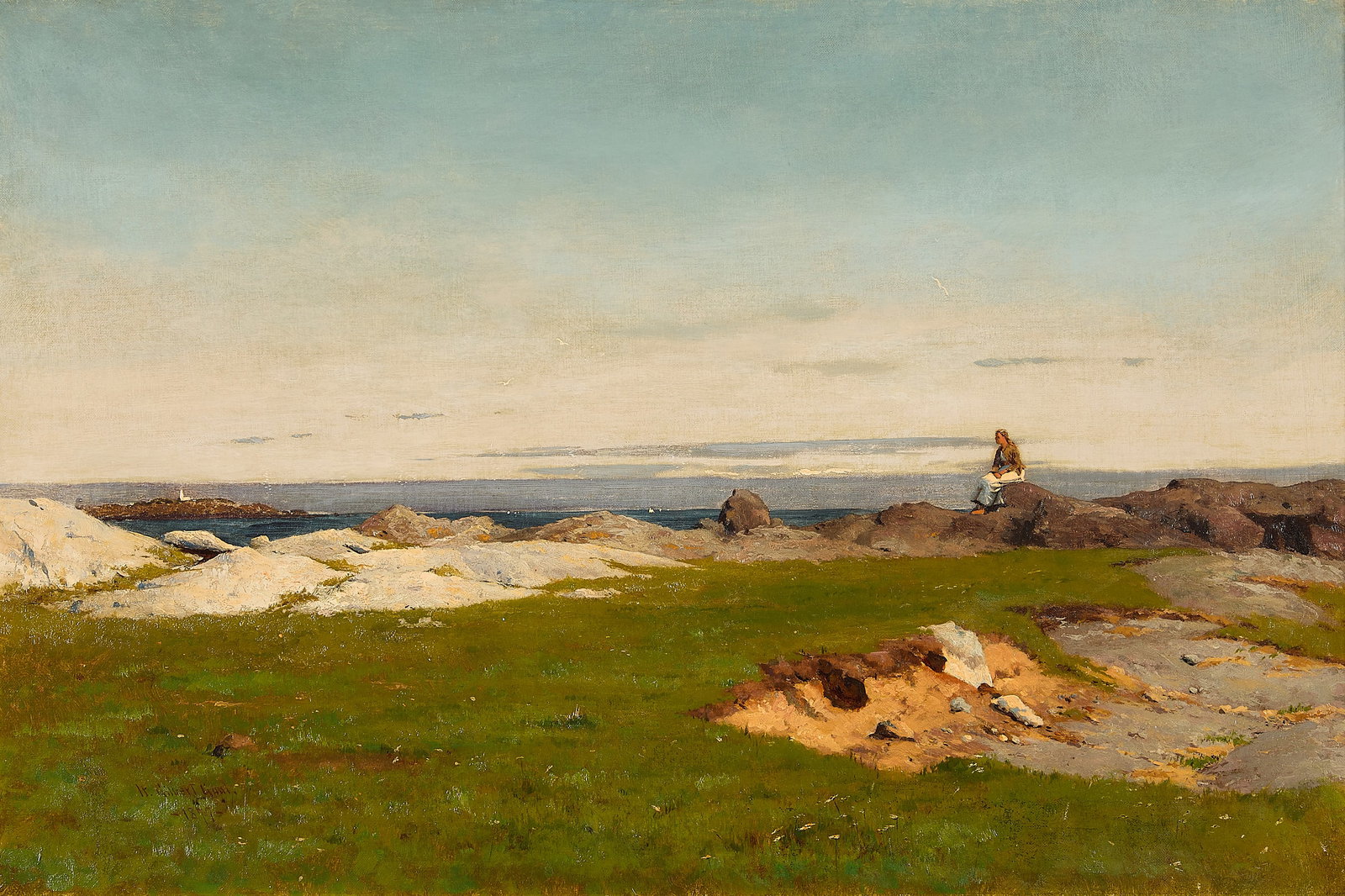 William Gaul "Looking out to Sea" Oil Painting: William Gilbert Gaul (American, 1855-1919). Oil on canvas seascape painting titled "Looking out to Sea," 1877. Depicting a coastal panoramic view, featuring a lush green grassy field in the foreground
