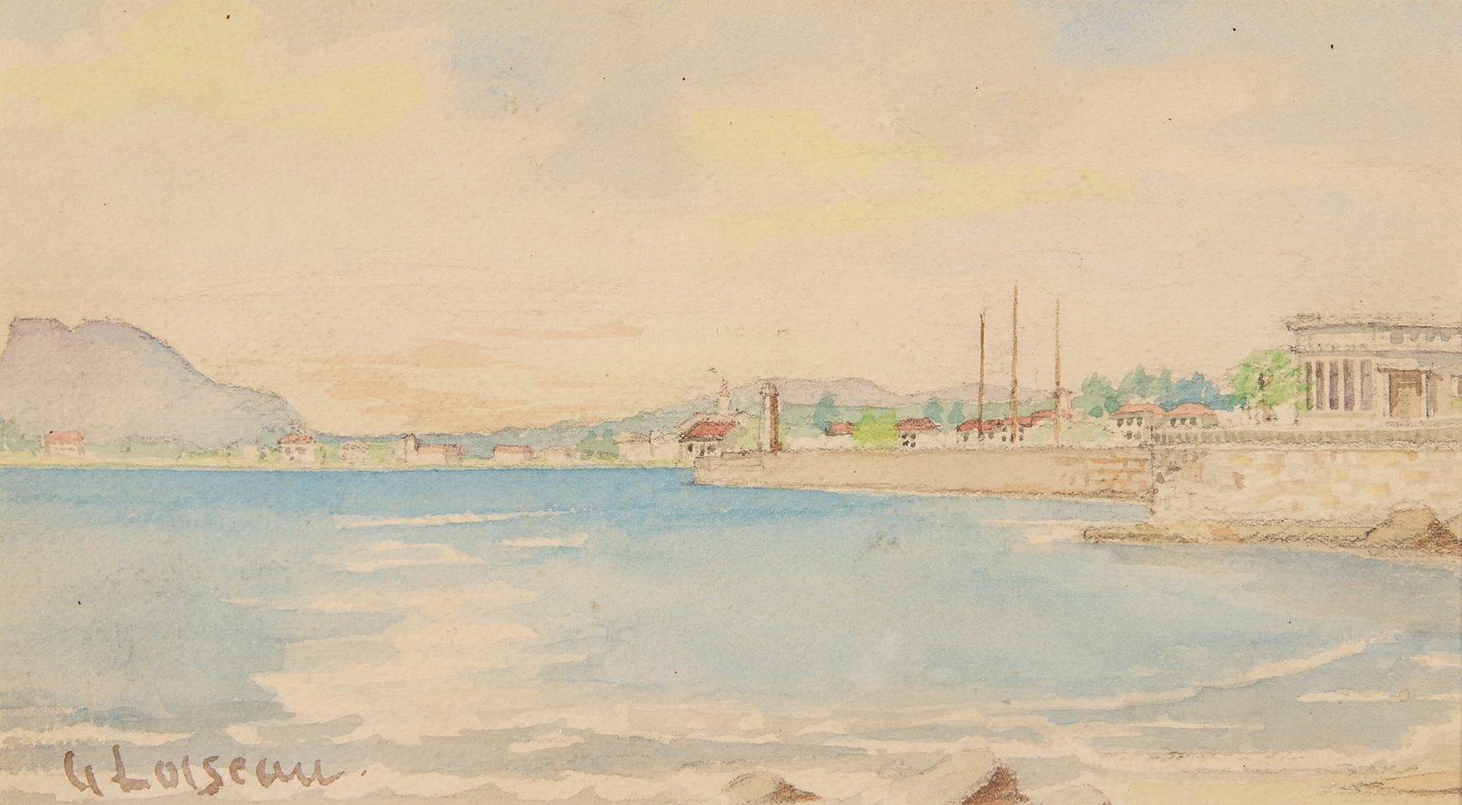 Gustave Loiseau Landscape Watercolor Painting: Gustave Loiseau (French, 1865-1935). Watercolor on paper painting depicting a coastal harbor scene. Signed along the lower left. Sight; height: 5 1/4 in x width: 9 1/4 in. Framed; height: 13 1/4 in x 