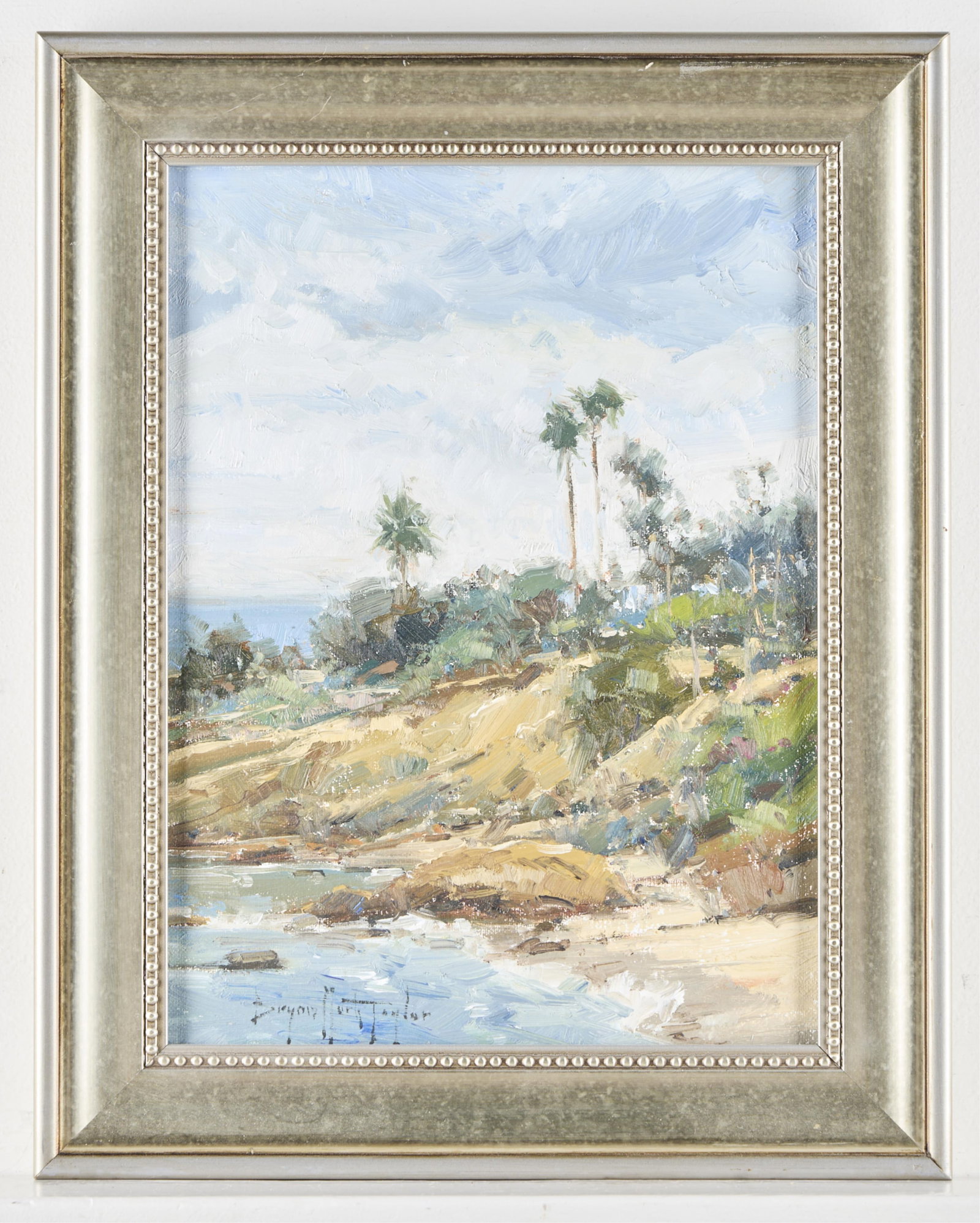 Bryan Mark Taylor Beach Landscape Painting: Bryan Mark Taylor (American, b. 1977). Oil on board landscape painting depicting a tropical beach. Signed along the lower left. Sight; height: 11 1/2 in x width: 8 1/2 in. Framed; height: 15 in x widt