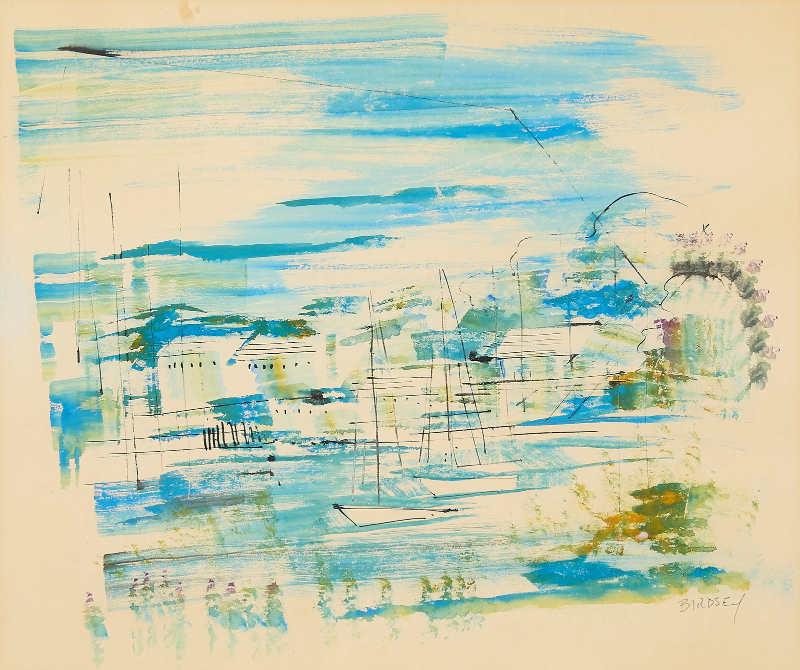 Alfred Birdsey Coastal Landscape Gouache Painting: Alfred Birdsey (English/Bermudian, 1912-1996). Gouache on paper painting depicting an impressionistic Bermuda coastal harbor scene. Featuring sailboats with tall masts anchored in a calm bay, flanked 