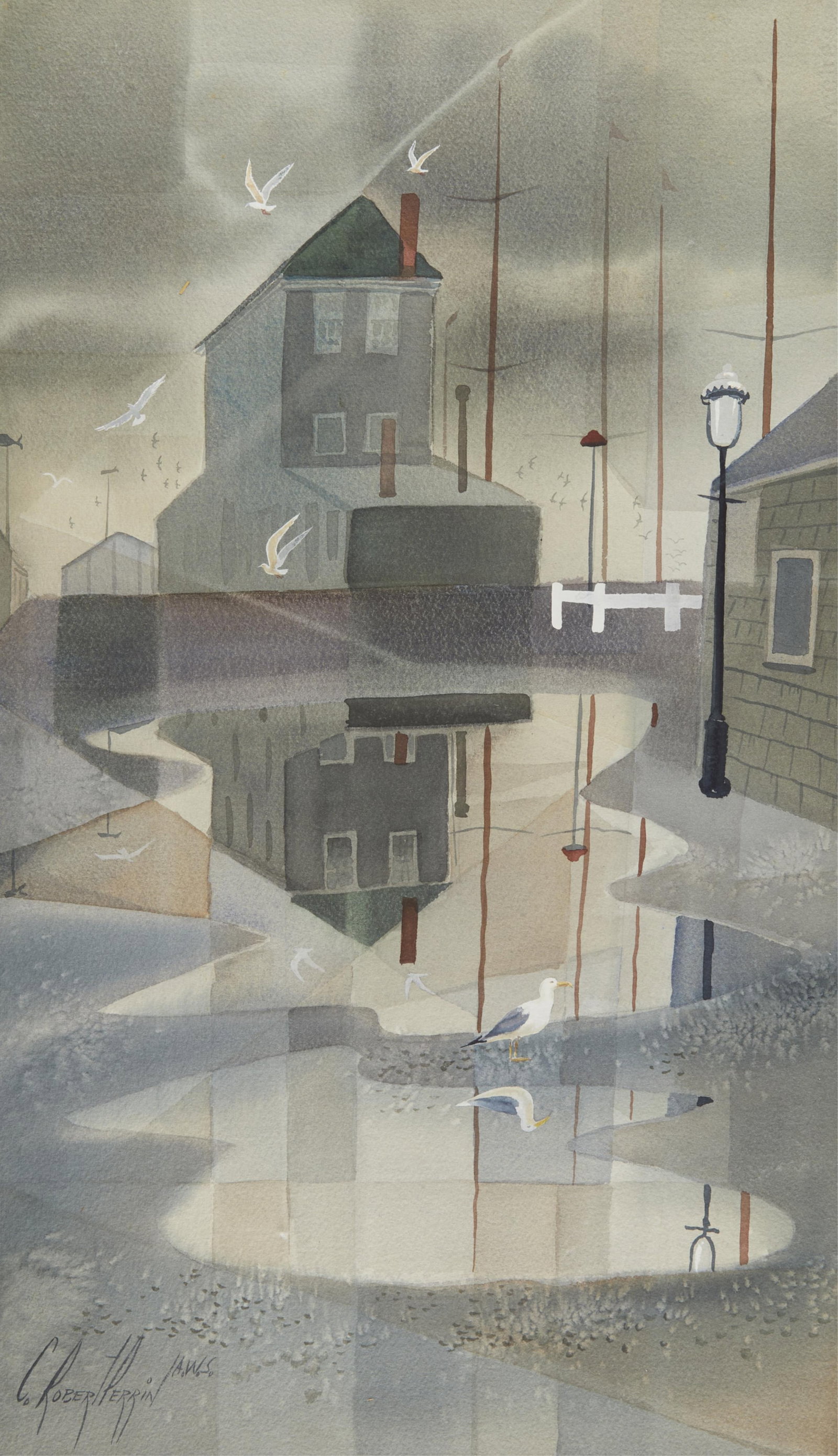 C. Robert Perrin "Day for the Birds" Painting: Charles Robert Perrin (American, 1915-1999). Watercolor on paper painting titled "Day for the Birds" depicting a cubist street scene after rainfall with reflective puddles. Signed along the lower left
