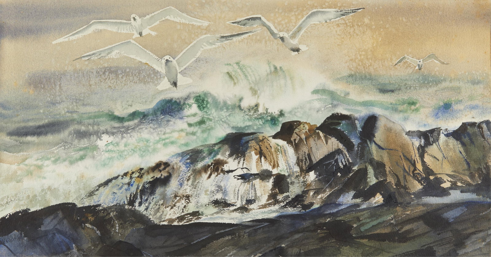 C. Robert Perrin Double-Sided Painting: Charles Robert Perrin (American, 1915-1999). Double-sided watercolor on paper painting. One side depicting seagulls with a wave-filled seashore in the background. The other side depicting a vast lands