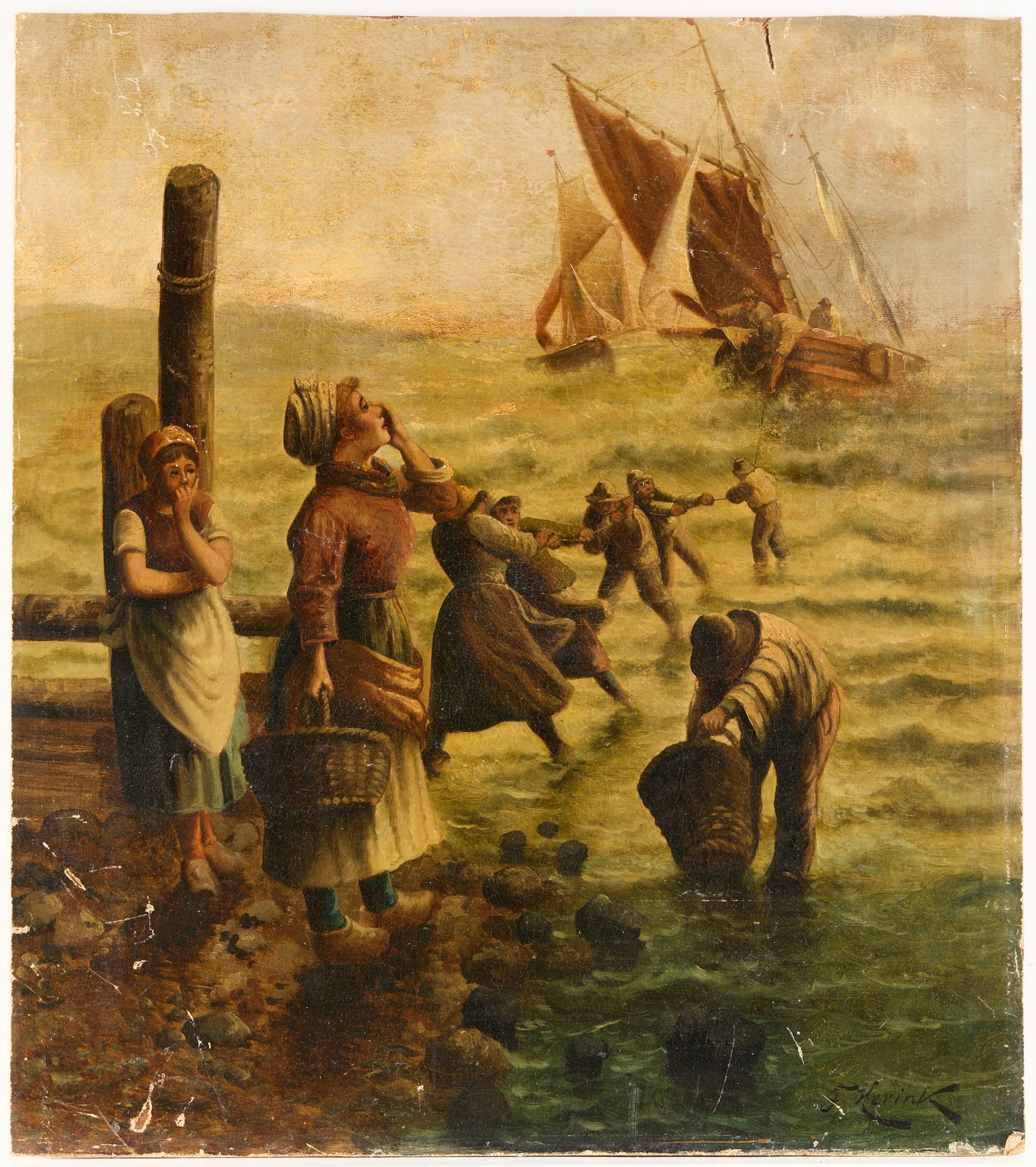 Karl Kaufmann Seascape Harbor Oil Painting: Karl Kaufmann (Austrian, 1843-1905). Oil on canvas-laid board painting depicting townspeople pulling a fishing boat into the harbor, battling tumultuous waves in a dramatic seascape scene. Signed "F. 