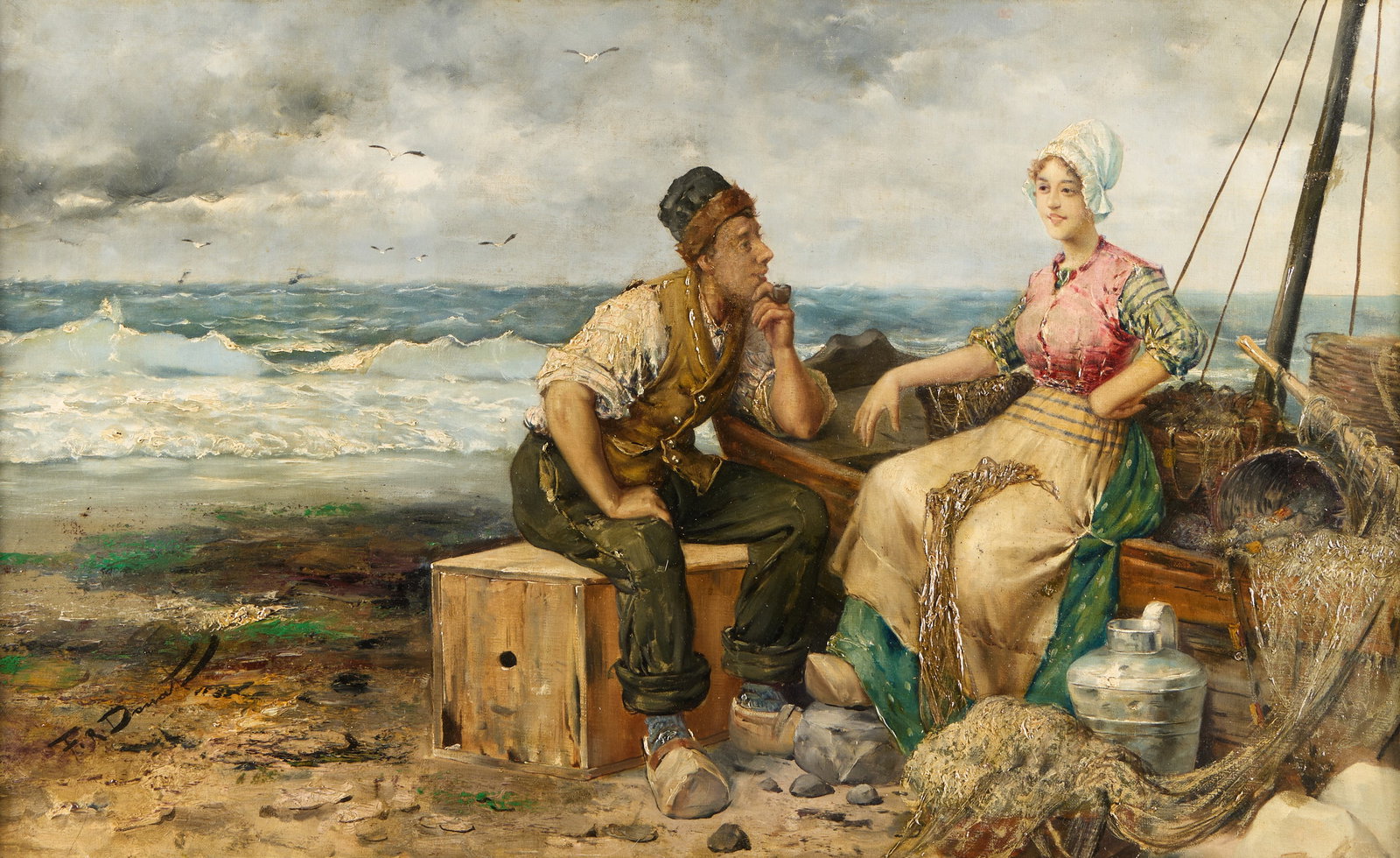 Signed Frederick Reginald Donat Oil Painting: Frederick Reginald Donat (Belgian, 1830-1907). Oil on canvas painting depicting a couple seated along the shore near their fishing boat. Signed "F.R. Donat" along the lower left. Sight; height: 21 1/2