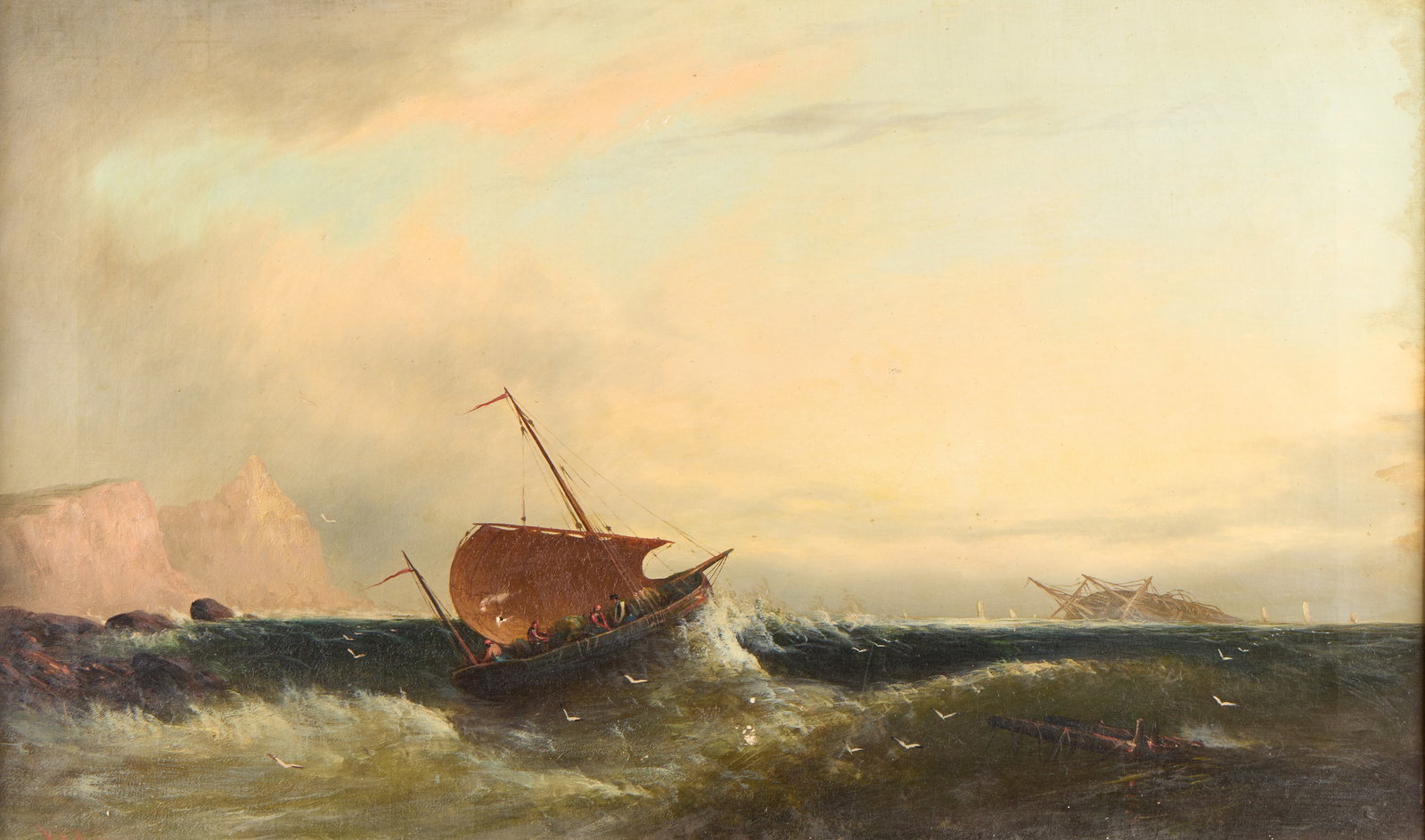 William Henry Williamson Seascape Oil Painting: William Henry Williamson (British, 1820-1883). Oil on canvas painting depicting a sailboat navigating rough waters at sea, with a sinking ship visible along the horizon. Signed along the lower left. U