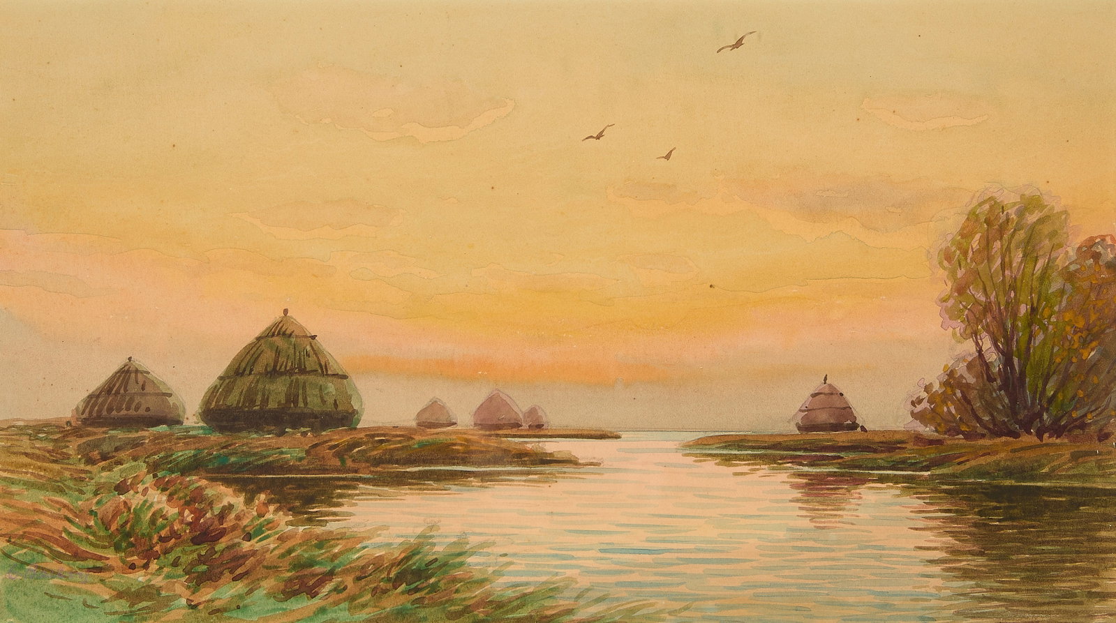 William Paskell Watercolor Landscape Painting: William Frederick Paskell (American, 1866-1951). Watercolor on paper painting depicting a serene shoreline at dusk, dotted by structures resembling sailboats, early 20th century. Signed "T. Bailey," a