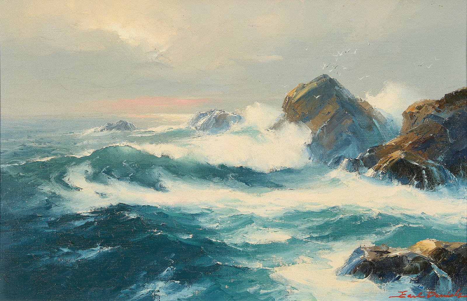 Earl L. Daniels "Surf & Rocks" Oil Painting: Earl L. Daniels (American, 1920-1999). Oil on canvas painting titled "Surf & Rocks," depicting rough waves crashing against a rocky shore. Signed along the lower right; further signed and titled along
