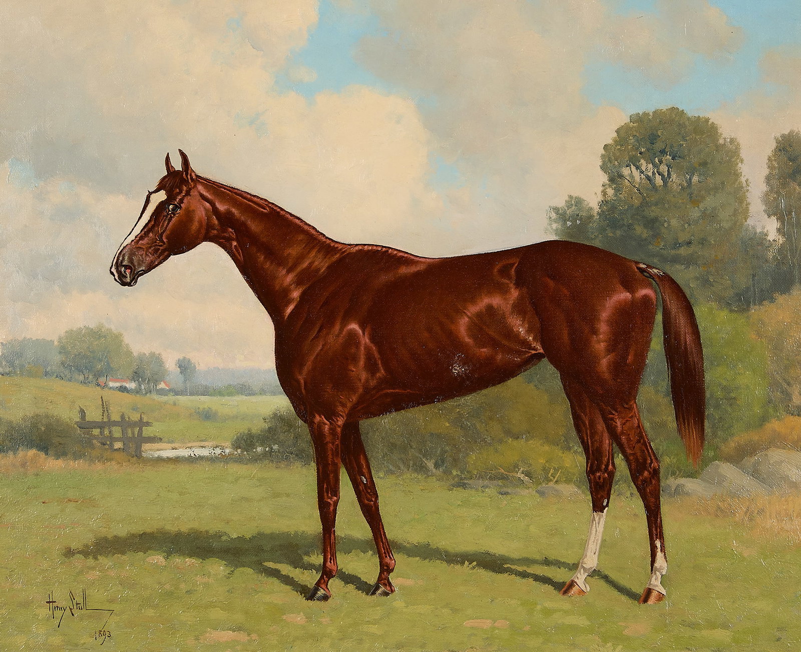 Henry Stull “The Racer?? Oil Painting 1893: Henry Stull (American, 1851-1913). Oil on canvas painting titled "The Racer," 1893. Depicting a chestnut thoroughbred racehorse standing in a profile position over a grassy pasture. Signed and dated a