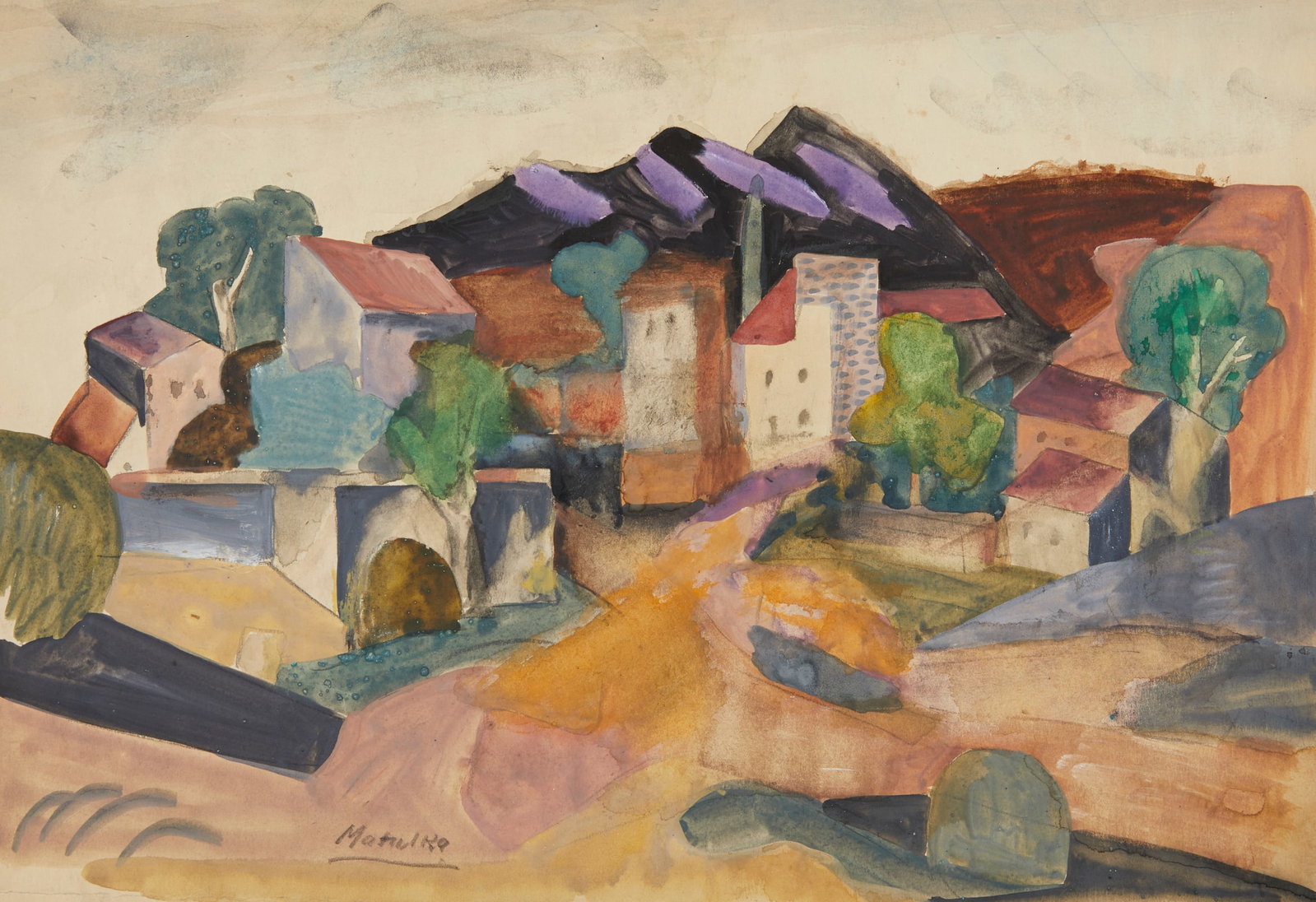 Jan Matulka Watercolor Landscape with Nude Sketch: Jan Matulka (Czech/American, 1890-1972). Watercolor on paper painting depicting a landscape. Signed along the lower center. Partial nude drawing in charcoal along the verso. Height: 11 in x width: 17 
