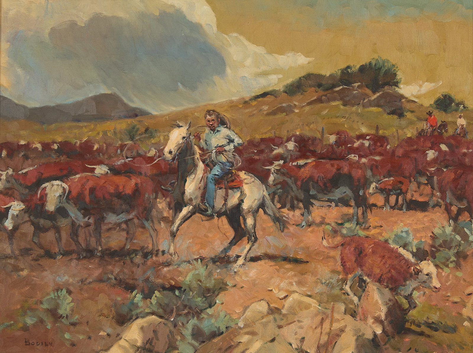 Sheryl Bodily "Cattle Drive" Oil Painting: Sheryl Bodily (American, 1936-2024). Oil on canvas painting titled "Cattle Drive," 20th century. Depicting a vast Western landscape populated by herds of cattle and a cowboy or rancher on horseback. S