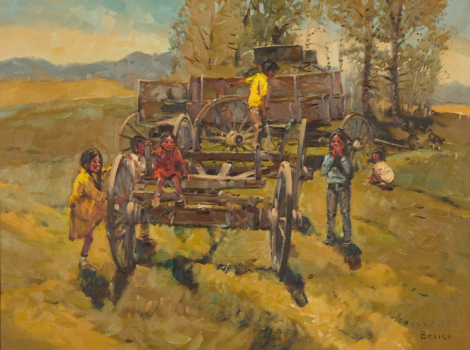 Sheryl Bodily "The Old Wagons" Oil Painting: Sheryl Bodily (American, 1936-2024). Oil on canvas painting titled "The Old Wagons," 20th century. Depicting children climbing and playing around a wagon within a landscape. Signed along the lower rig