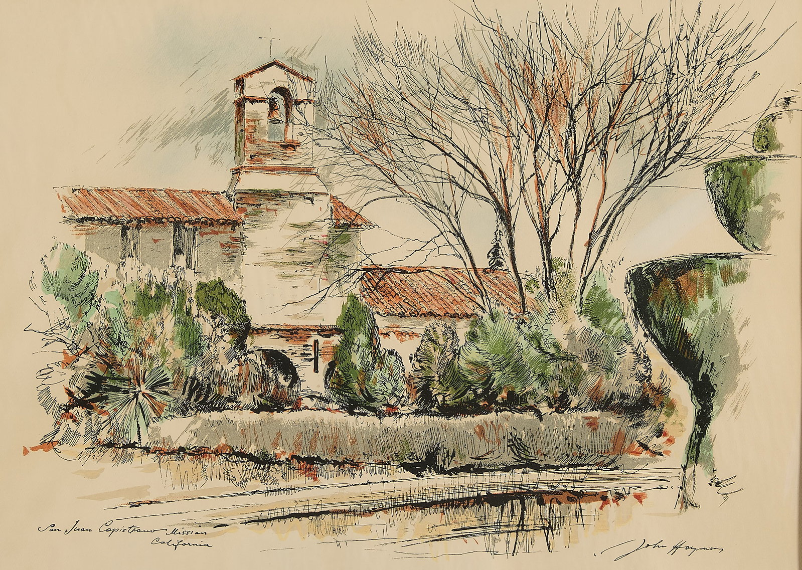 Haymson "San Juan Capistrano Mission" Watercolor: John Haymson (Austrian, 1902-1980). Hand-colored watercolor print on paper titled "San Juan Capistrano Mission, California." Featuring a detailed line drawing of the historic Spanish style mission, ac