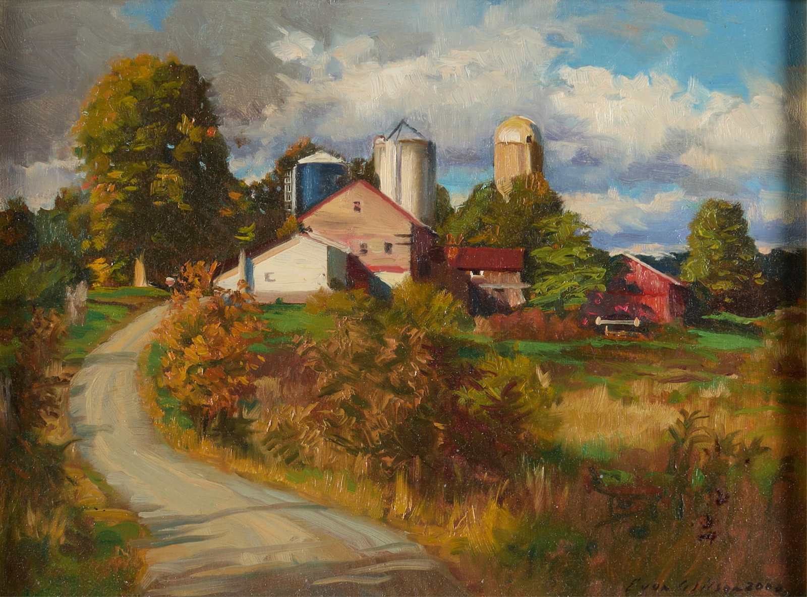 Evan Wilson Farmyard Landscape Painting 2000: Evan Wilson (American, b. 1953). Oil on board painting depicting a rural farmyard with a grain silo, barn, countryside home, and additional buildings, 2000. Signed and dated along the lower right. Unf