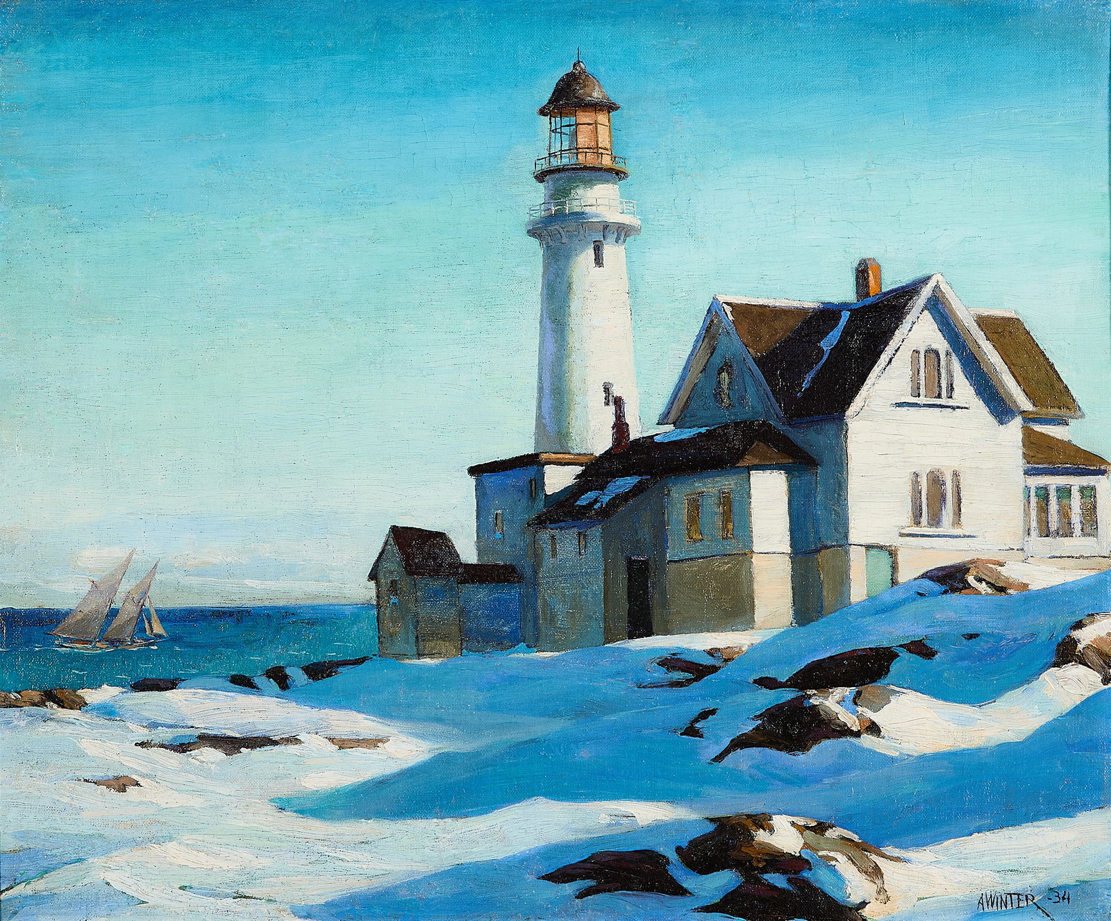 Andrew Winter "East Light at Two Lights" Painting: Andrew George Winter, born Andres Juri Winter (Estonian/American, 1893-1958). Oil on canvas painting titled "The East Light at Two Lights, Cape Elizabeth, Maine," 1934. Depicting a stark white lightho