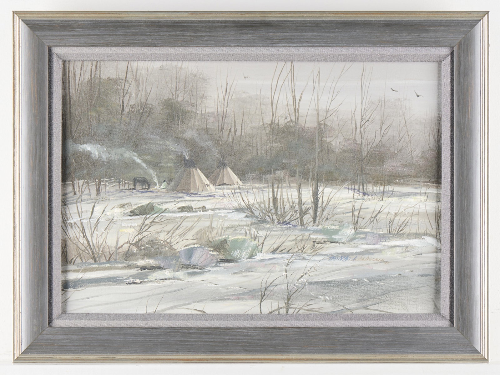 Thomas deDecker Winter Camp Painting: Thomas deDecker (American, b. 1951). Oil on board landscape painting depicting a snowy landscape with Native American tipi and grazing horses. Signed along the lower right. Unframed; height: 12 1/4 in