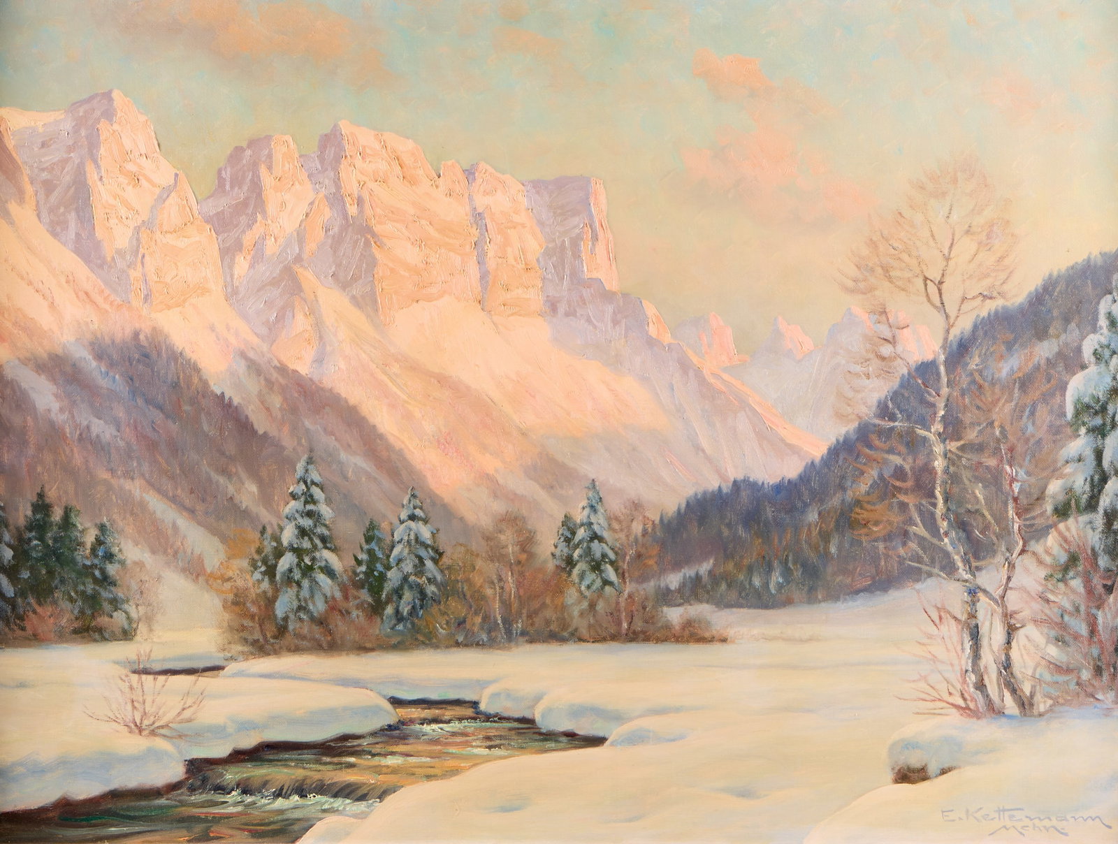 Erwin Kettemann "Winterabend" Oil Painting: Erwin Kettemann (German, 1897-1971). Oil on canvas painting titled "Winterabend dei Bad Reichenhall und Reiteralpe (Winter Evening in Bad Reichenhall and Reiteralpe)," depicting a mountainous winter l