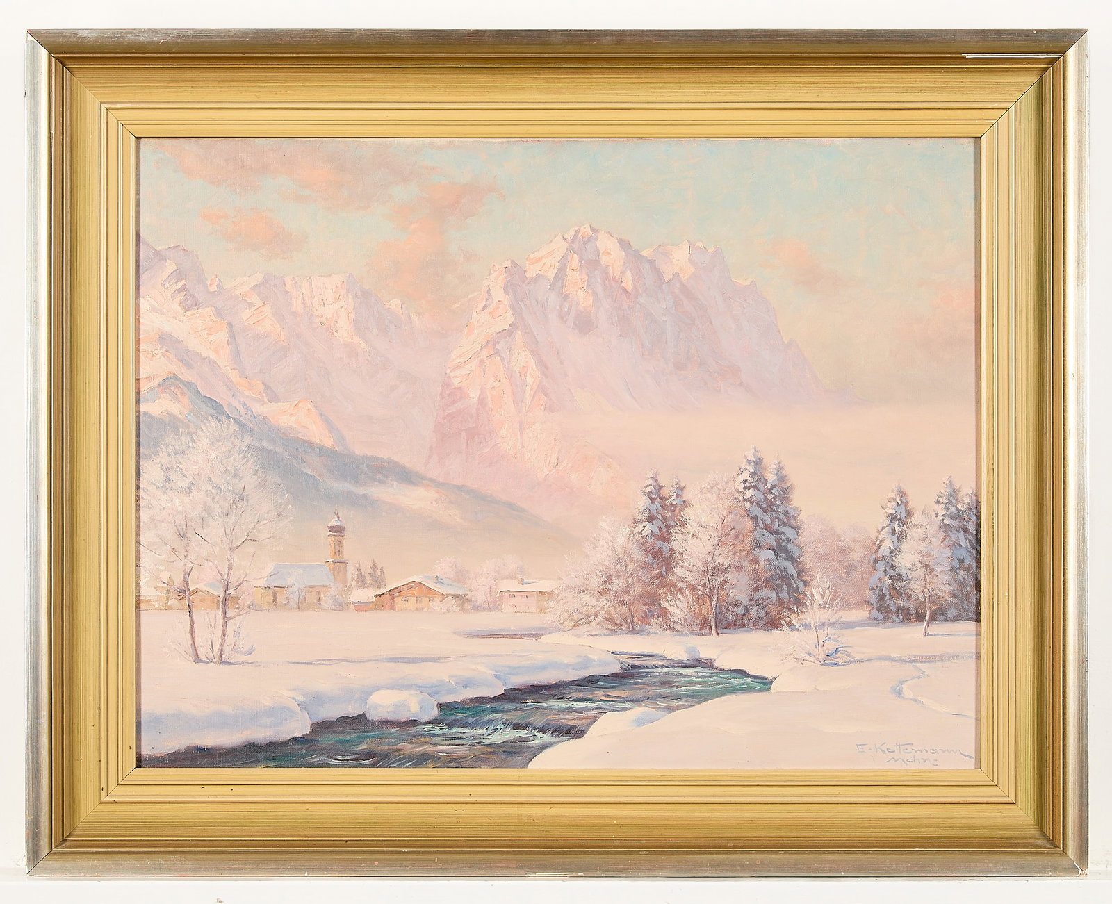 Erwin Kettemann "Wintermorgen" Oil Painting: Erwin Kettemann (German, 1897-1971). Oil on canvas painting titled "Wintermorgen in Garmisch m. Zugspitze m. Waxenstein (Winter Morning in Garmisch with Zugspitze and Waxenstein)," depicting the titul