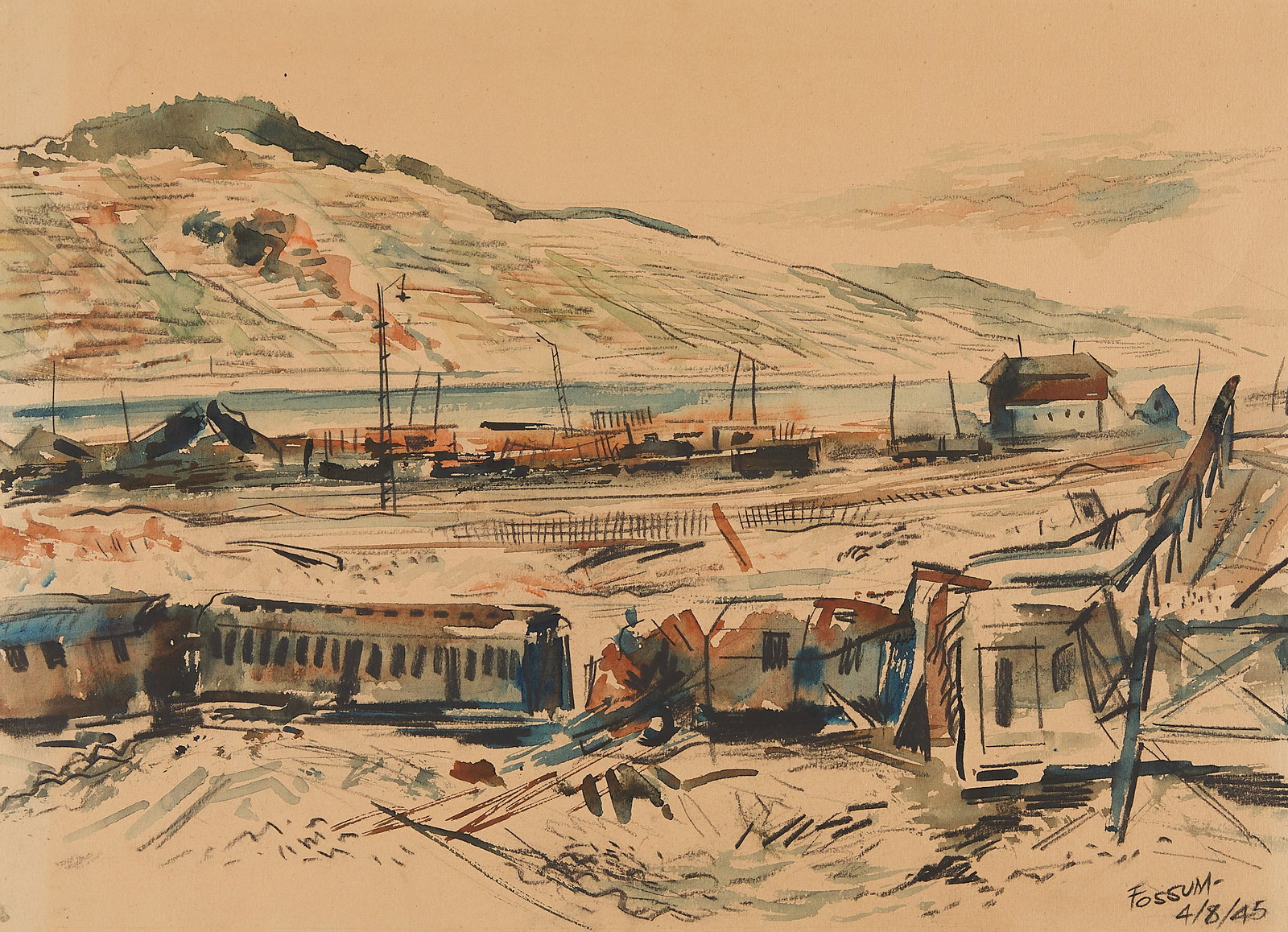 Syd Fossum Landscape Watercolor Painting 1945: Sydney Fossum (American, 1909-1978). Watercolor on paper landscape painting, 1945. Depicting an industrial coastal scene featuring Fossum’s signature expressive style. Signed and dated along the low