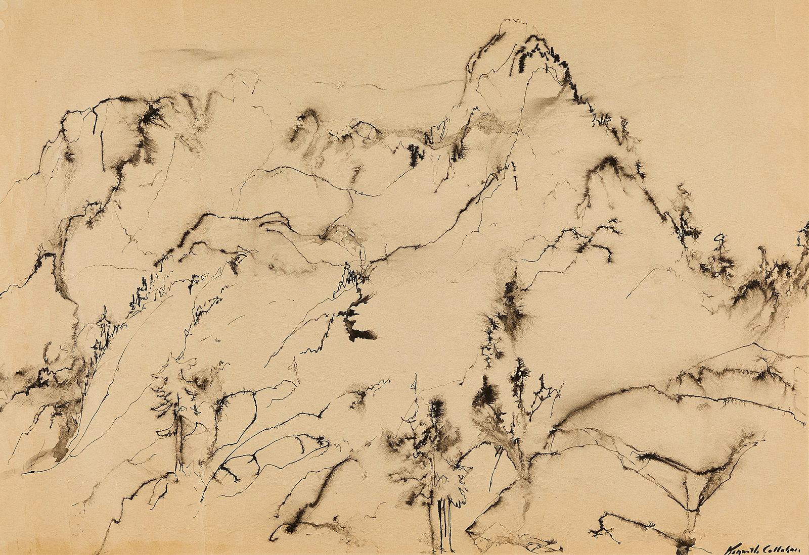 Kenneth Callahan Mountain Landscape Ink Drawing: Kenneth Callahan (American, 1905-1986). Ink on paper drawing depicting a mountainous landscape, possibly from the North Cascades National Park in the artist's home state of Washington. Signed along th