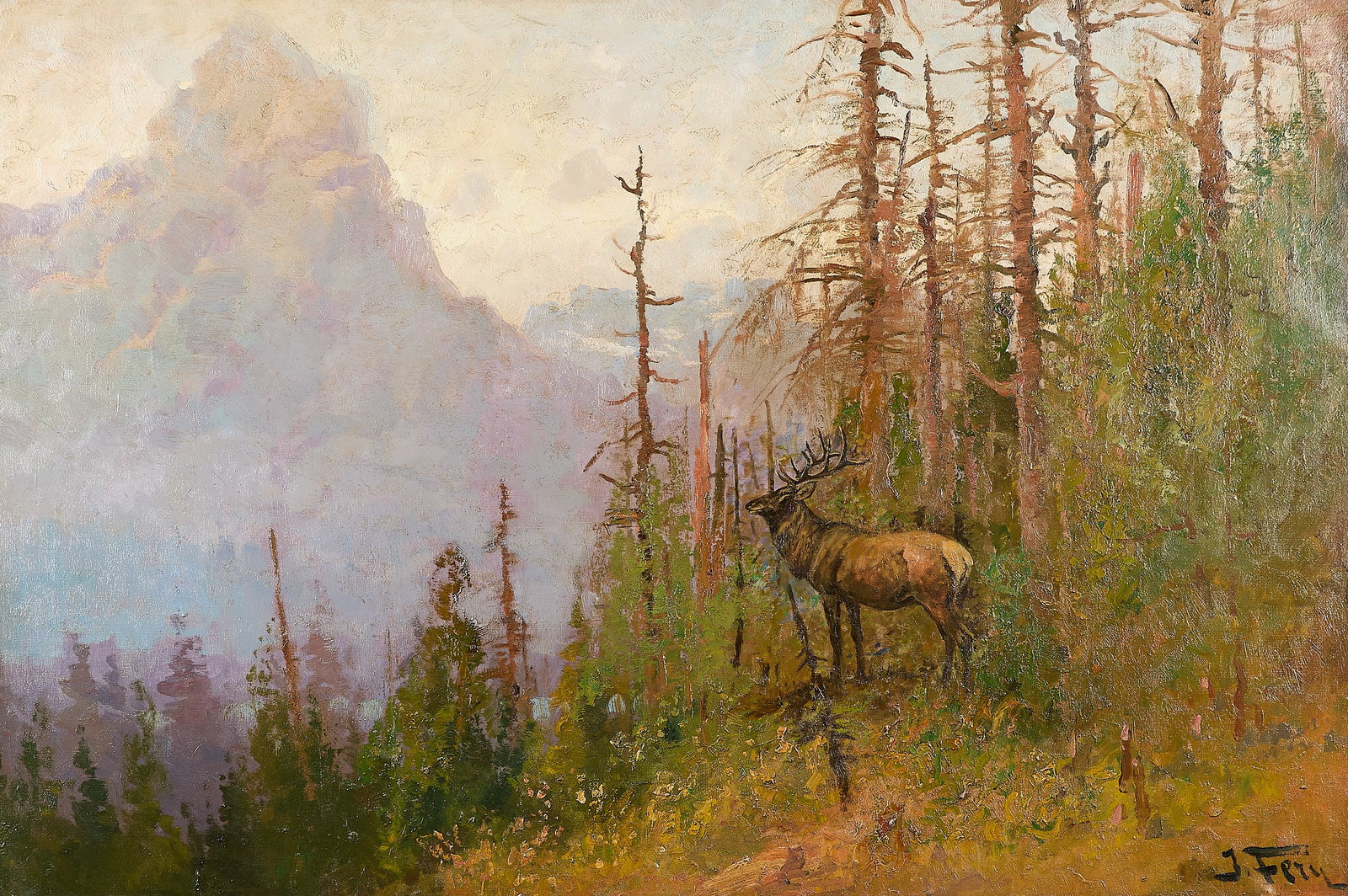 John Fery Glacier Elk Landscape Oil Painting: John Fery (born Johann Nepomuk Levy) (Austrian/American, 1859-1934). Oil on canvas landscape painting depicting a mountainous view with an elk among trees. Signed along the lower right. Lot essay: Joh