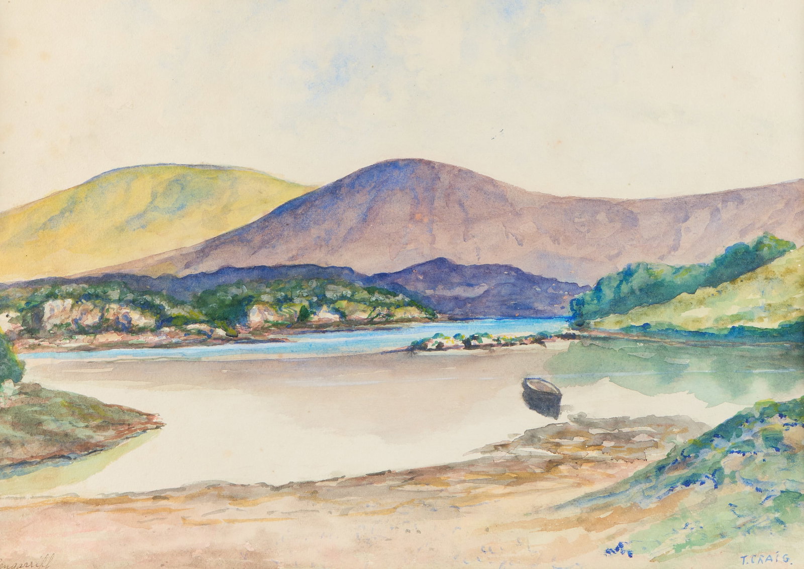 Tom Craig "Glengarriff" Landscape Painting: Tom Craig (American, 1909-1969). Watercolor on paper landscape painting titled "Glengarriff," circa 1942. Depicting a serene lake with distant mountains in Glengarriff, Ireland. Signed along the lower