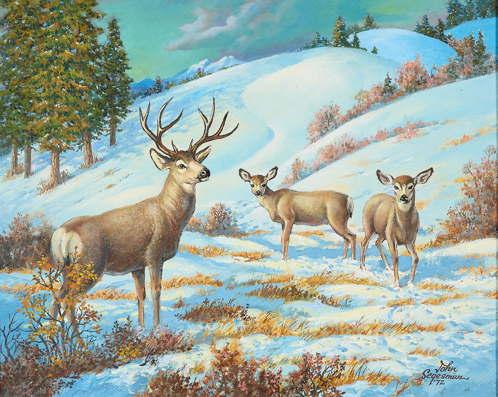 John Segesman "Deer Winter" Oil Painting 1972 (1 of 6)