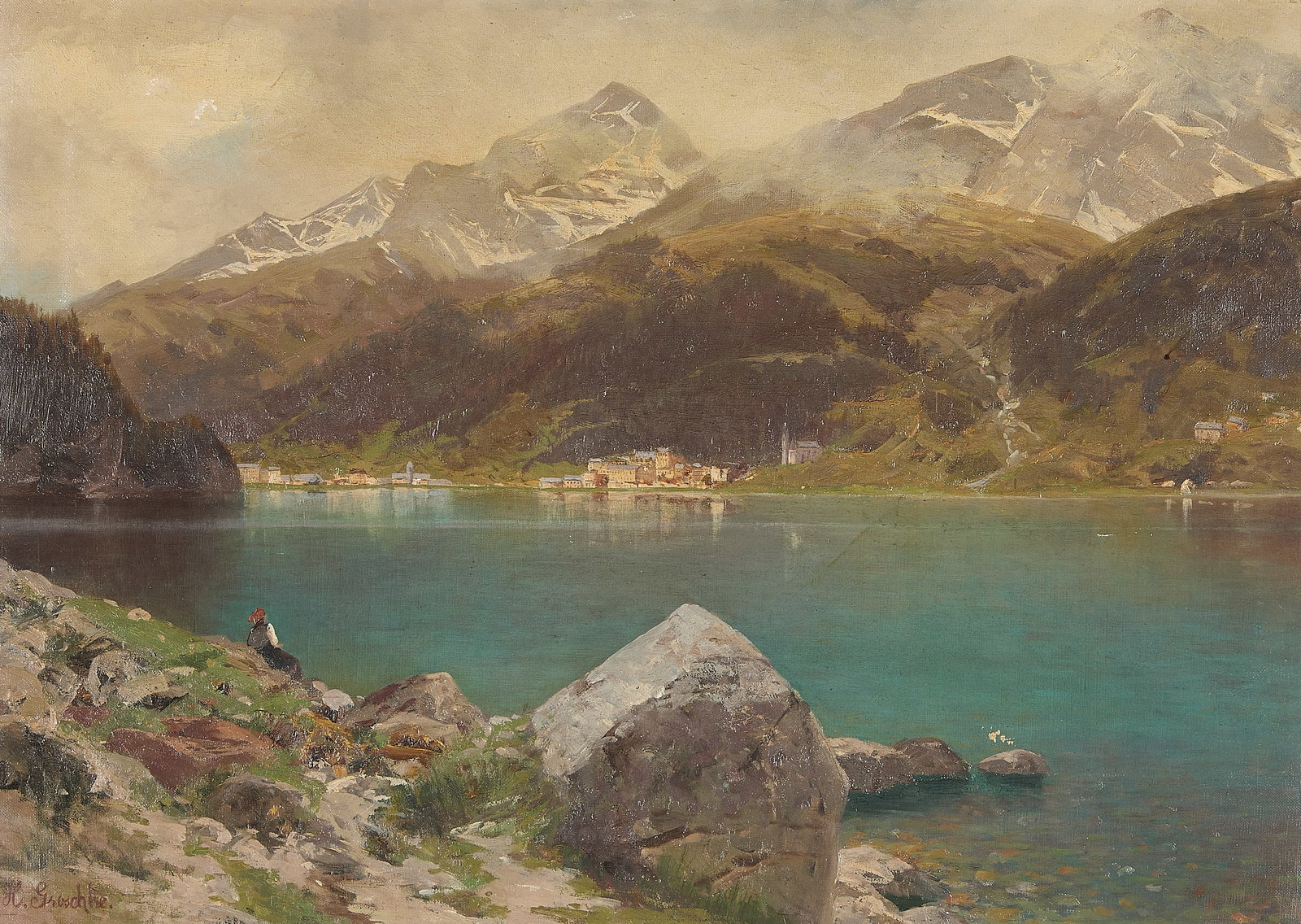 Signed Lake Como Landscape Oil Painting: Oil on canvas landscape painting depicting Lake Como in Italy, 20th century. Featuring a town, possibly Bellagio, jutting into the clear blue waters of Lake Como. Framed by the towering, snowcapped Al