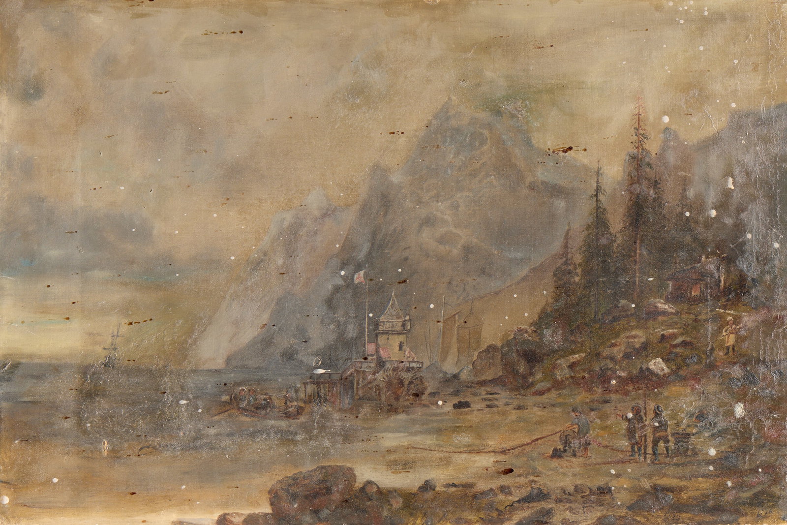 Shoreline Mountainous Landscape Oil Painting: Oil on canvas painting depicting figures along the shoreline of a mountainous landscape scene, lightly illuminated beneath the cloudy sky. With a Luther Auctions label affixed along the verso. Height: