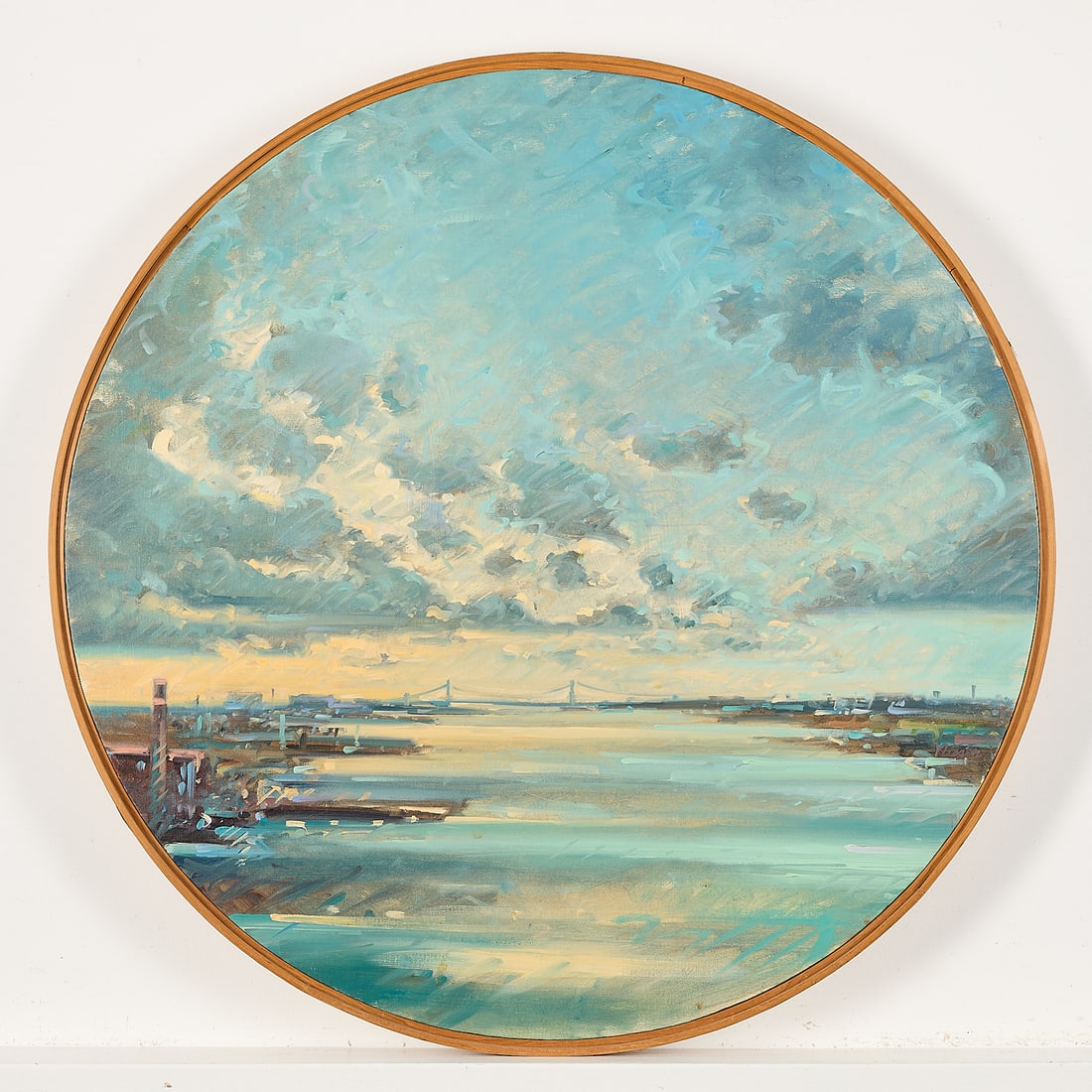 Chris Nissen "Passing Showers" Oil Painting 1984: Chris Nissen (American, 1949-2025). Oil on canvas landscape painting titled "Passing Showers," 1984. Depicting a dramatic view of a cloudy blue sky over a river. Featuring a suspension bridge in the b