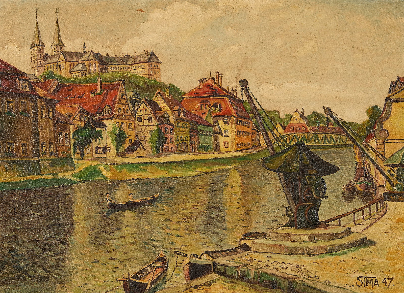 Aft. Ludwig Mossler Bamberg Germany Oil Painting: After Ludwig Mossler (German, 1902-1949). Oil on canvas painting depicting a serene canal landscape, likely Bamberg, Germany. Signed "Sima" and numbered "47" along the lower right. Sight; height: 15 1