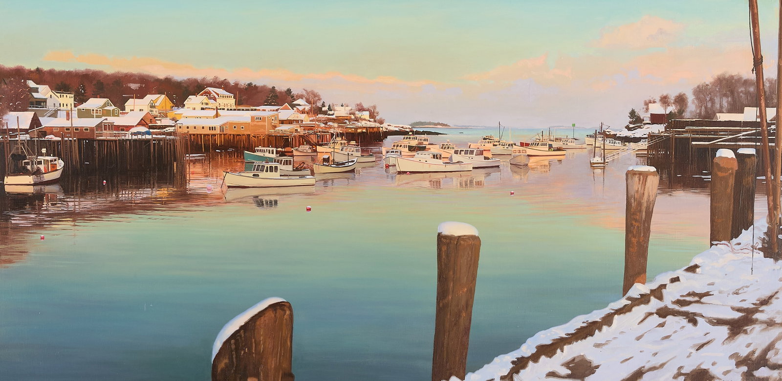 William Brewster Hoyt "New Harbor" Painting: William Brewster Hoyt (American, b. 1945). Oil on canvas painting titled "New Harbor," 1994. Signed and dated along the lower right. Depicting a snowy peaceful seaside town with a glassy harbor. Prove