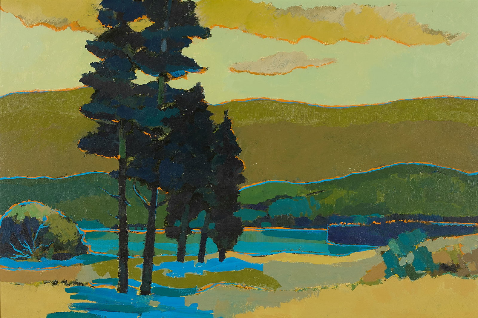 James E. Dew Acrylic Landscape Painting ca. 1970: James Edward Dew (American, 1922-2012). Acrylic on board painting depicting and expressive landscape with mountains in the background and trees among a river bed in the foreground, ca. 1970. Sight; he