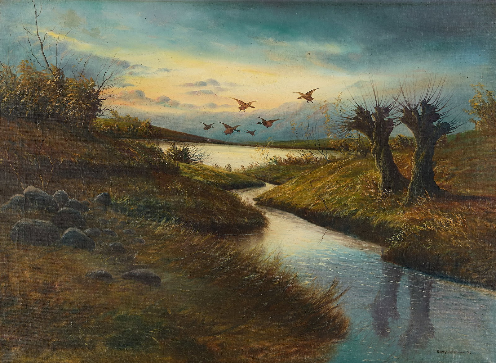 Harry Curieux Adamson Wildlife Oil Painting 1942: Harry Curieux Adamson (American, 1916-2012). Oil on canvas wildlife painting, 1942. Depicting a flock of ducks in flight navigating a winding creek under a dramatic twilight sky. Signed and dated alon