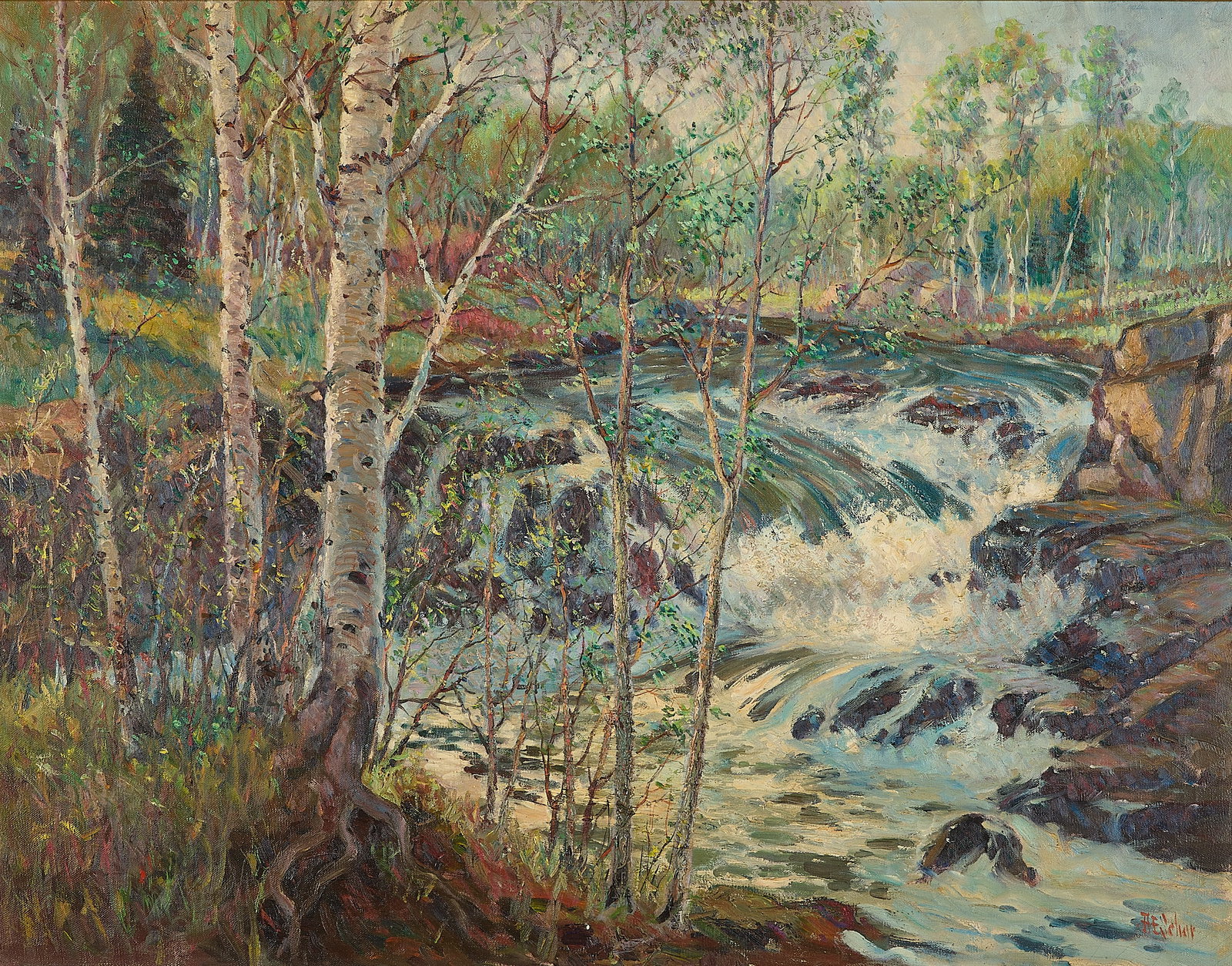 Rudolph Eicher Waterfall with Birch Trees Painting (1 of 5)