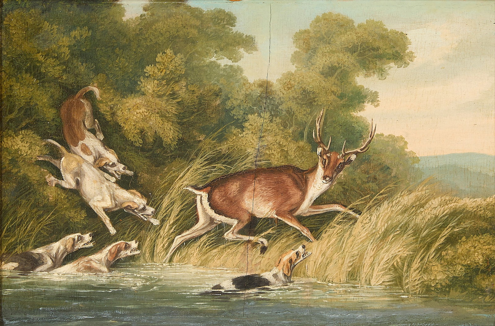 Style of George Armfield Dog Chase Oil Painting: Style of George Armfield (British, 1808-1893). Oil on board painting depicting a group of dogs chasing a stag. With a plaque bearing the artist attribution along the lower edge of the frame. Provenanc