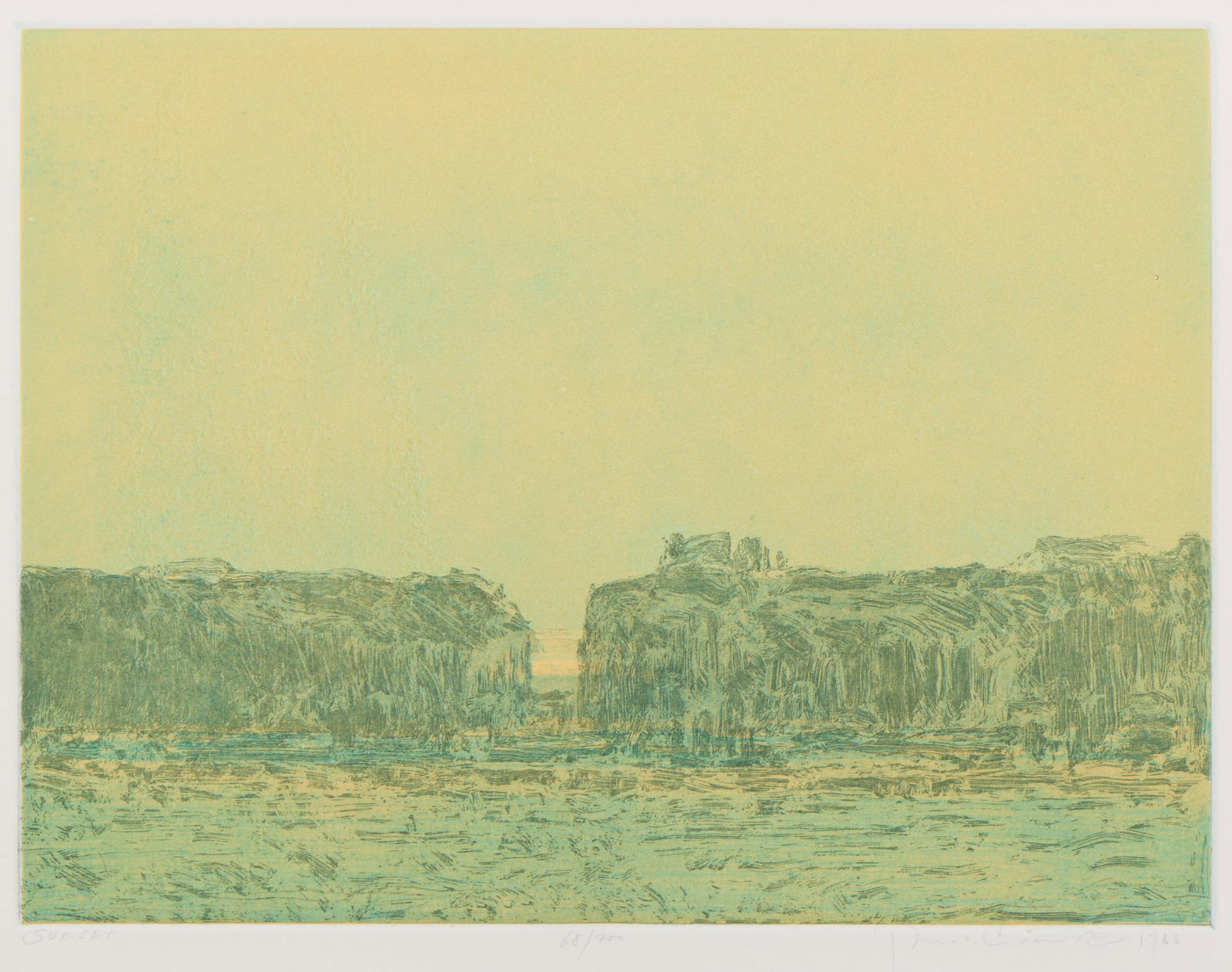 Russell Chatham "Sunset" Etching 1986: Russell Chatham (American, 1939-2019). Etching on paper titled "Sunset," 1986. Depicting a verdant landscape at dusk. Pencil titled, editioned 68/200, signed, and dated along the lower margin. Provena