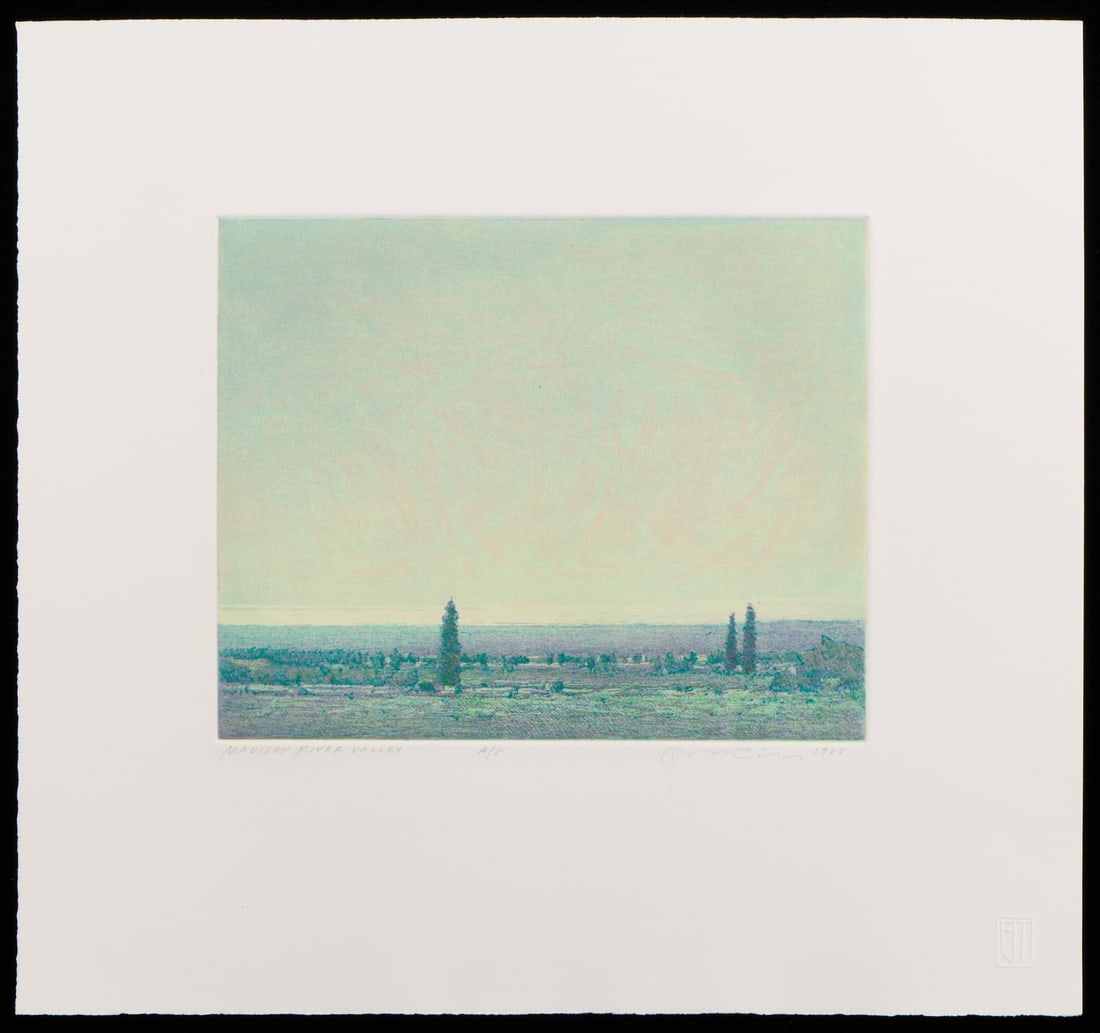 Chatham "Madison River Valley" Lithograph 1985: Russell Chatham (American, 1939-2019). Lithograph print on paper titled "Madison River Valley," 1985. Depicting a landscape with high and luminous sky over a low horizon, populated by trees. Pencil ti