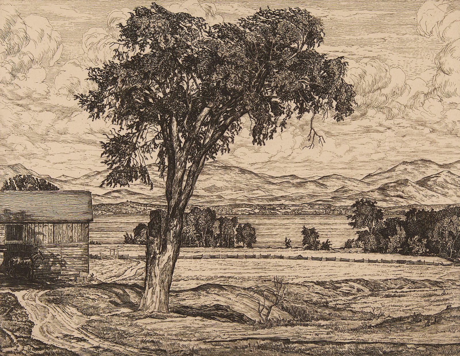 Luigi Lucioni Landscape Etching 1938: Luigi Lucioni (Italian/American, 1900-1988). Etching on paper print titled "Lake Pastures," 1938. Depicting a prominent, central tree beside a barn, with fields leading to a lake and mountain range al