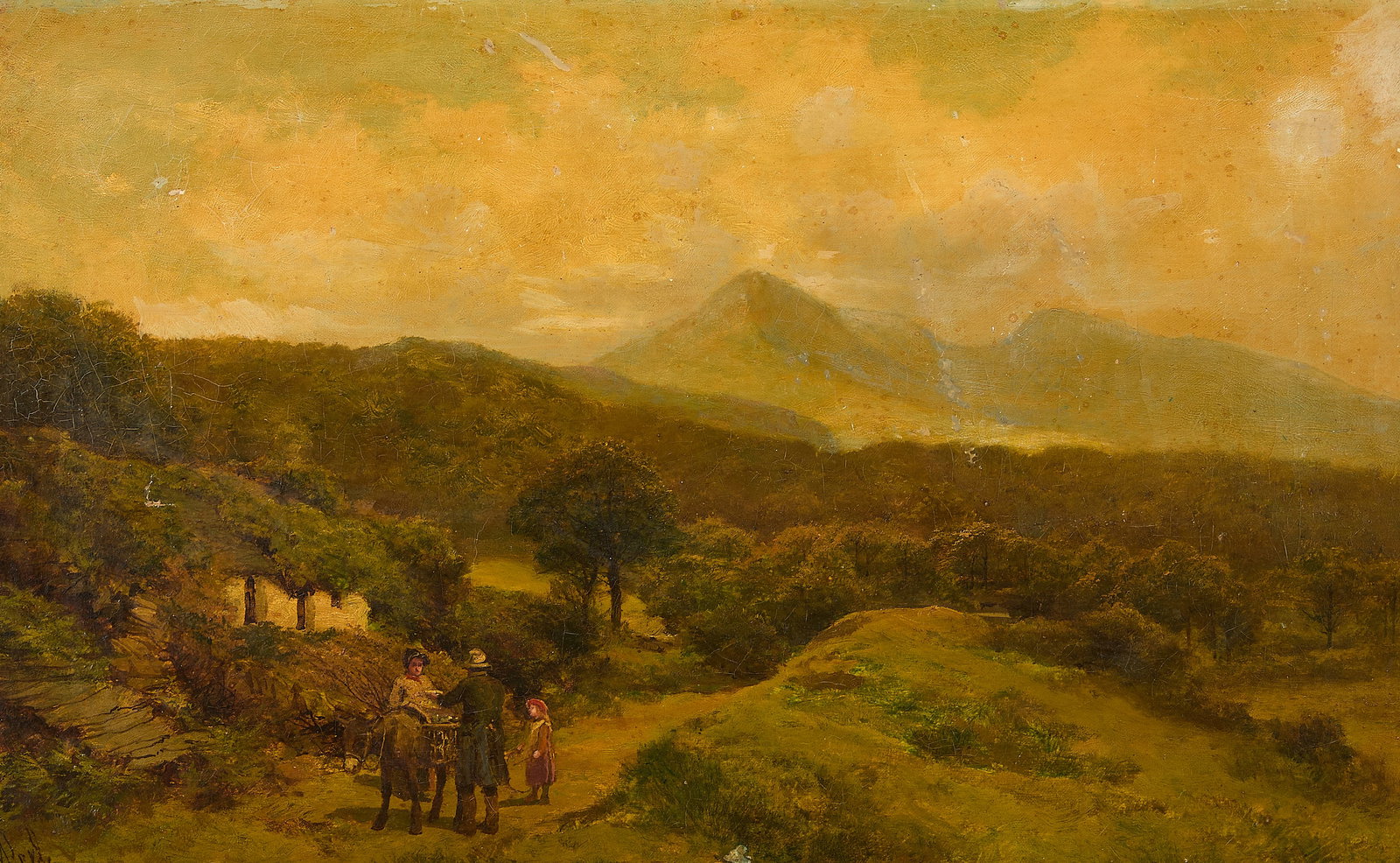 James Peel "Near Aberglaslyn" Oil Painting: James Peel (English, 1811-1906). Oil on canvas painting titled "Near Aberglaslyn, Beddgelert." Depicting a British pastoral landscape featuring rolling green hills, a rustic cottage, distant mountains
