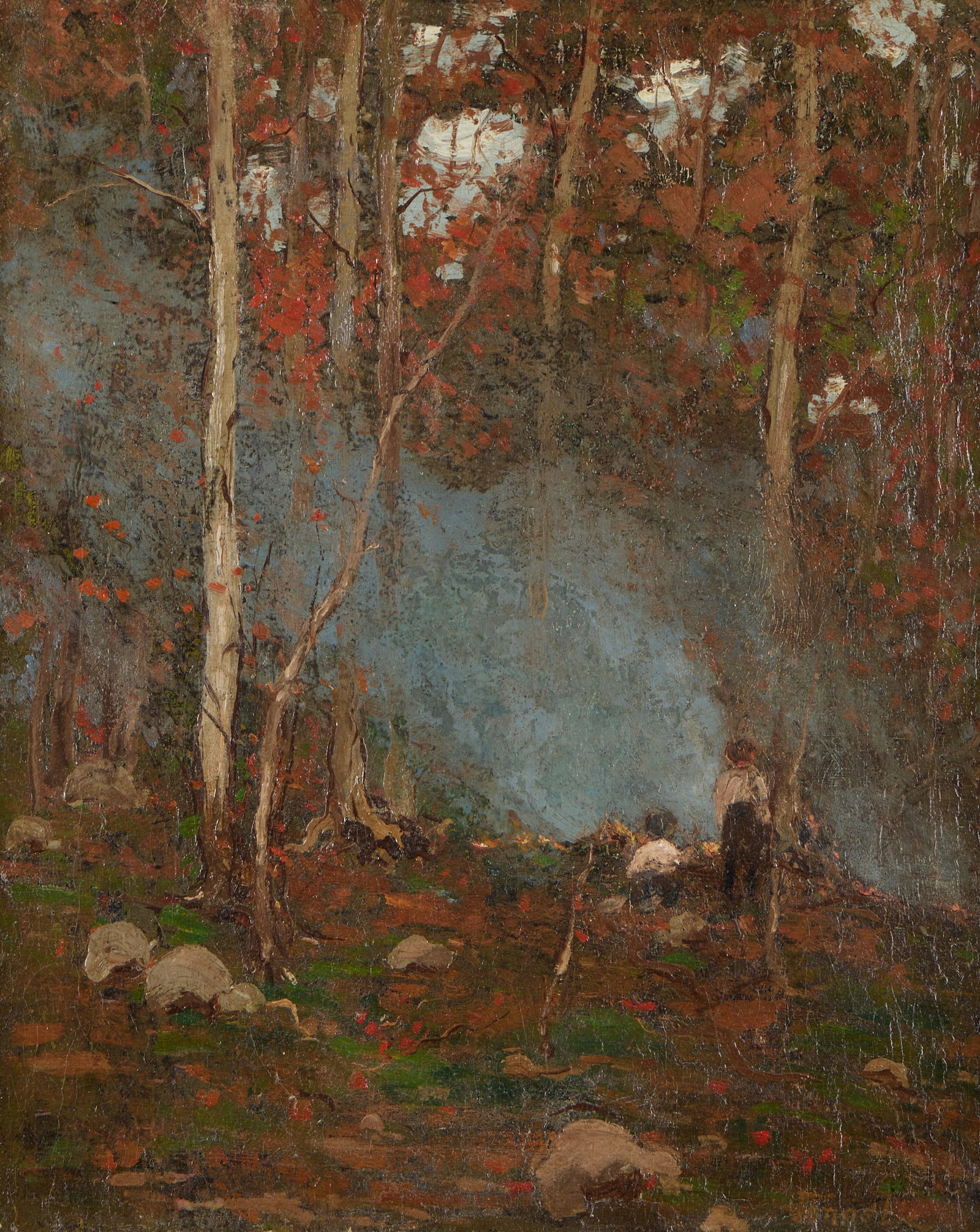 Jonas Lie "Burning Leaves" Landscape Oil Painting: Jonas Lie (Norwegian, 1880-1940). Oil on board painting titled "Burning Leaves." Depicting a group of young boys gathered around a fire, burning leaves. Featuring hazy blue smoke from the fire sweepin
