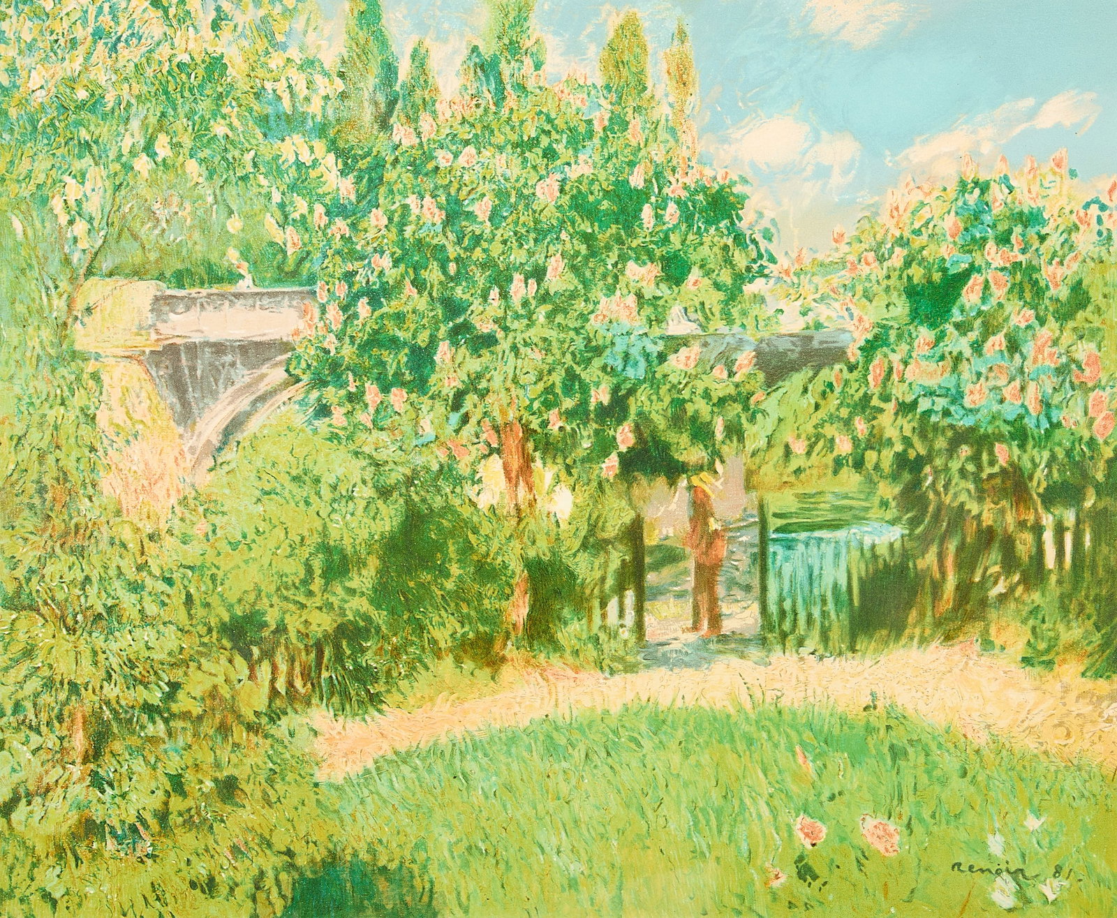 After Renoir "Marronniers Roses" Lithograph: After Pierre-Auguste Renoir (French, 1841-1919). Color lithograph print on paper titled "Les Marronniers Roses (The Pink Chestnut Trees)," 1881. Pencil signed by Paul Renoir along the lower right marg