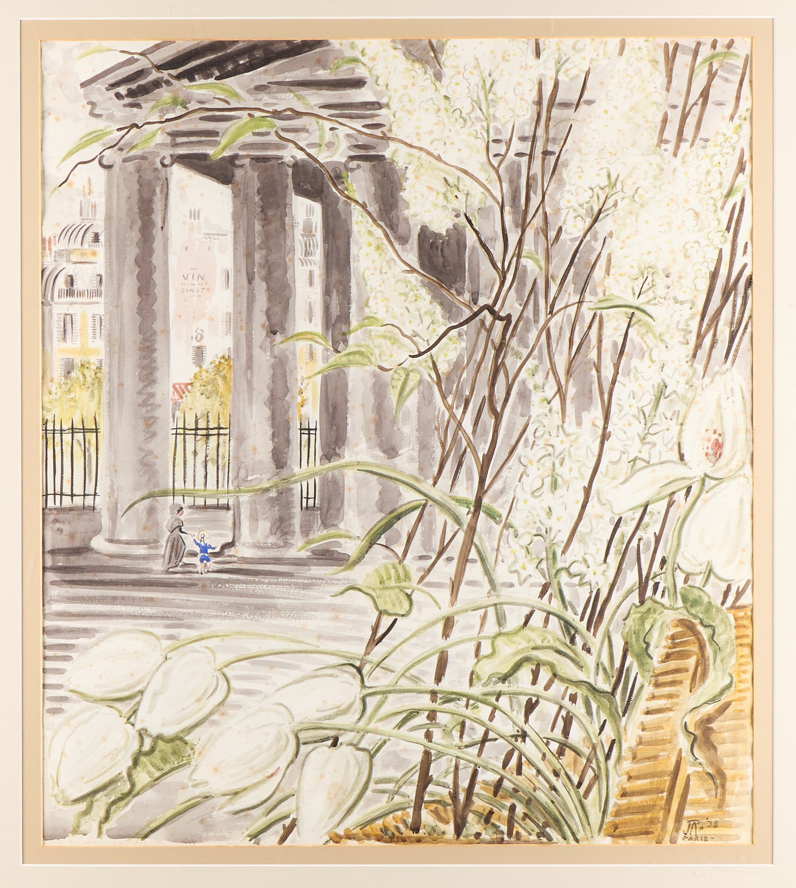 Signed La Madeleine Paris Watercolor Painting 1938: Watercolor on paper painting depicting the Church of Saint Mary Madgelene, or La Madeleine, in Paris, France, 1938. Initialed "JR", dated, and inscribed "Paris" along the lower right. With a toned Sot