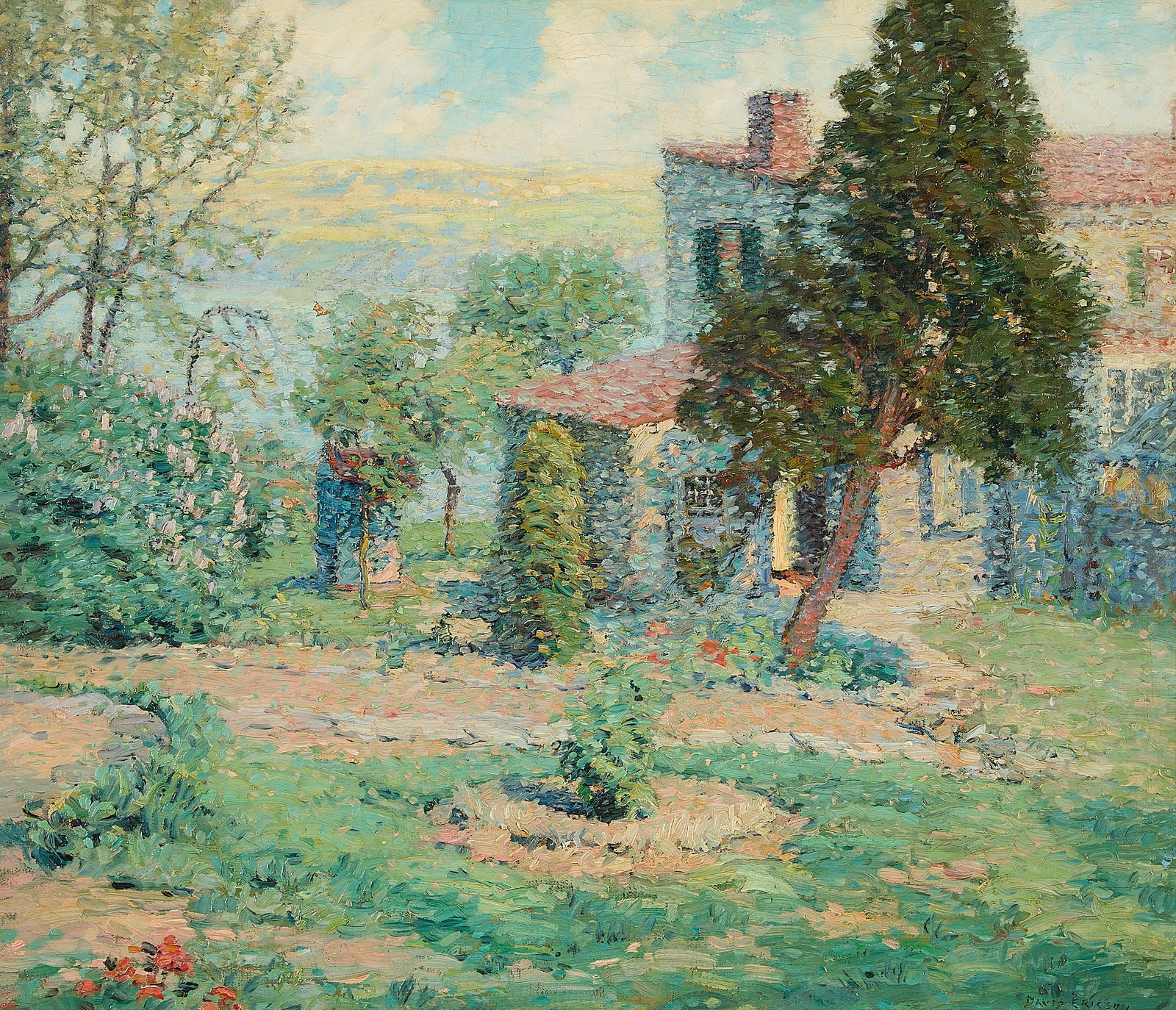 David Ericson Impressionist Landscape Painting: Axel David Ericson (Swedish/American, 1870-1946). Impressionist oil on canvas landscape painting, 1914. Depicting a stone villa nestled among lush greenery, looking out toward a sunlit valley. Signed 