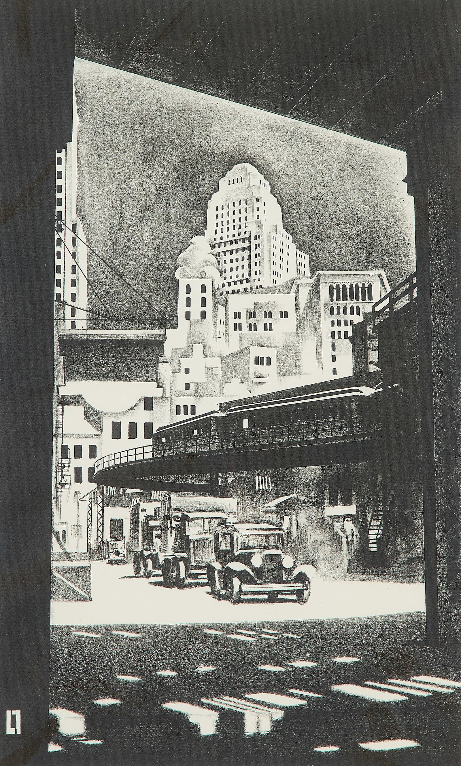 Louis Lozowick "Hanover Square" Lithograph 1929: Louis Lozowick (American, 1892-1973). Lithograph print on paper titled "Hanover Square," 1929. Depicting the industrial cityscape of the bustling titular Financial District in Lower Manhattan, New Yor